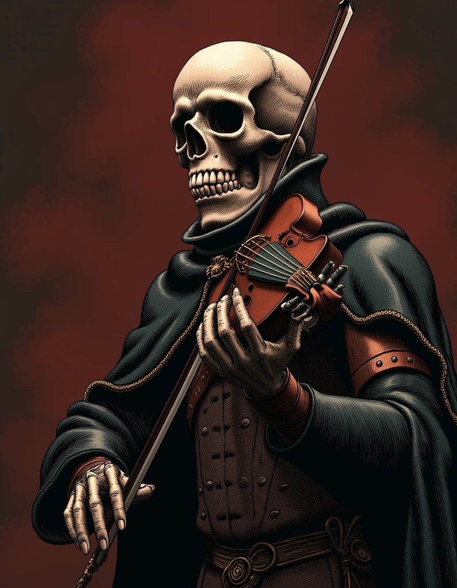 A skeleton wearing a Victorian Inverness cape, playing a violin, masterpiece 4k, highly detailed, 
 <lora:BerserkLoraFlux:1> b3rs3rk