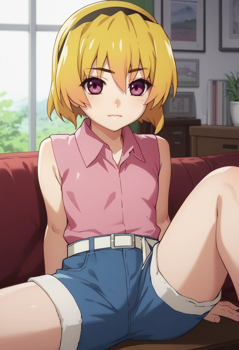 score_9, score_7_up, 1girl, SatoCasual, blonde hair, pink  eyes, hairband, pink shirt, white belt, denim shorts,  looking at viewer, indoors,  sitting, spread legs,    <lora:Higurashi GOU-000045:1>    <lora:Satoko:1>