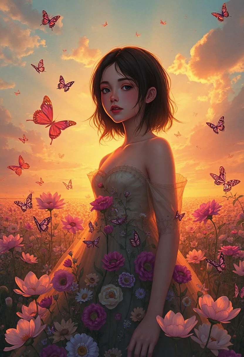 ((absurdres posterart)) realistic graceful 20-year-old 1girl,A dress of flowers and butterflys, Perfect clouds in the sunset, motif buttereflies flying firefly, sounds of morning melody, Motif sunset shades, motif sunset tones, Rossdraws, Atey Ghailan, Benedick Bana, and carne griffiths, Fields of flowers,
detailed face focus, rays tracing, piercing light, , long face :1