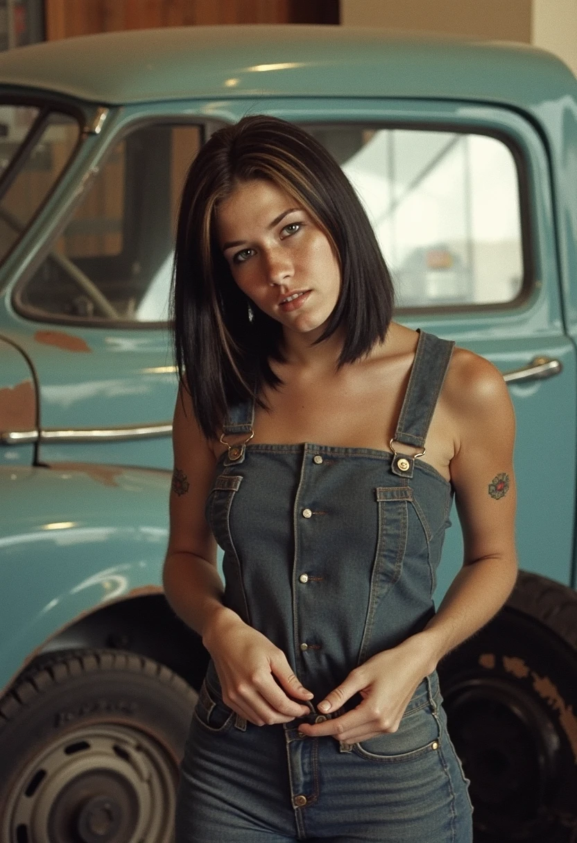 Allie Sin working as a car mechanic in the 1970s. shot on an analog Nikon camera