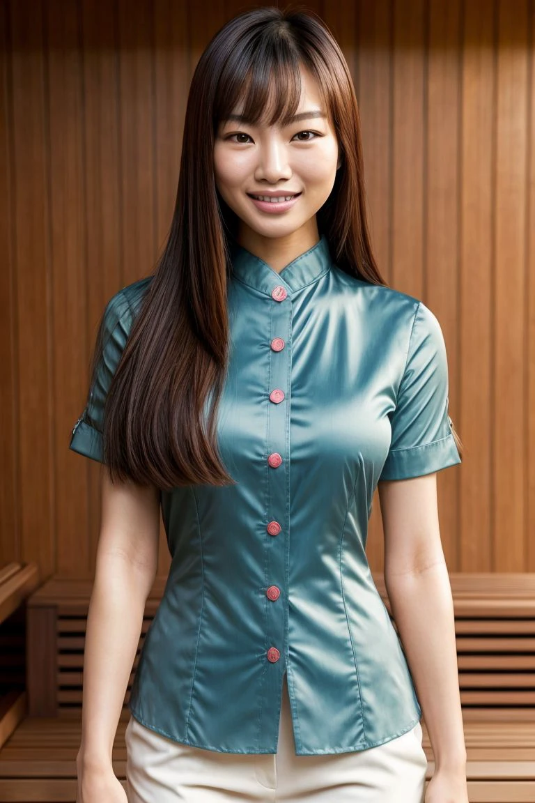 Asian woman, closeup, (shirt), pants, (sauna), (), smiling , KM_yanjaa, wide shoulders, perfect face, (contact iris: 1.1), pale skin, skin pores , depth of field