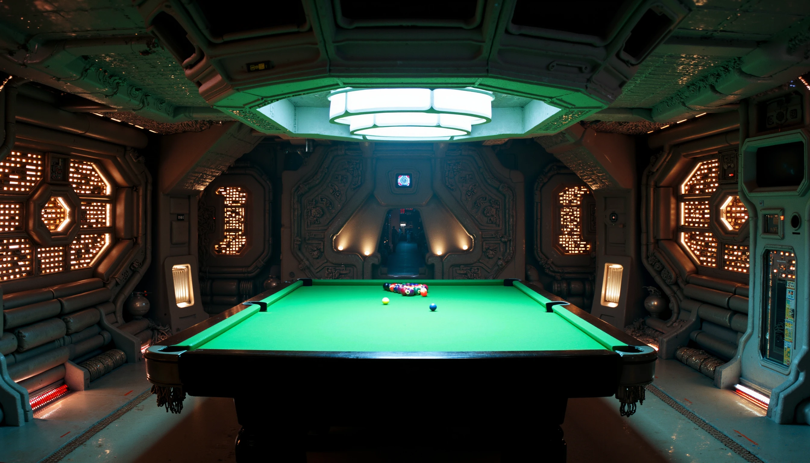 ohwx set design, a photo of a spaceship snooker room