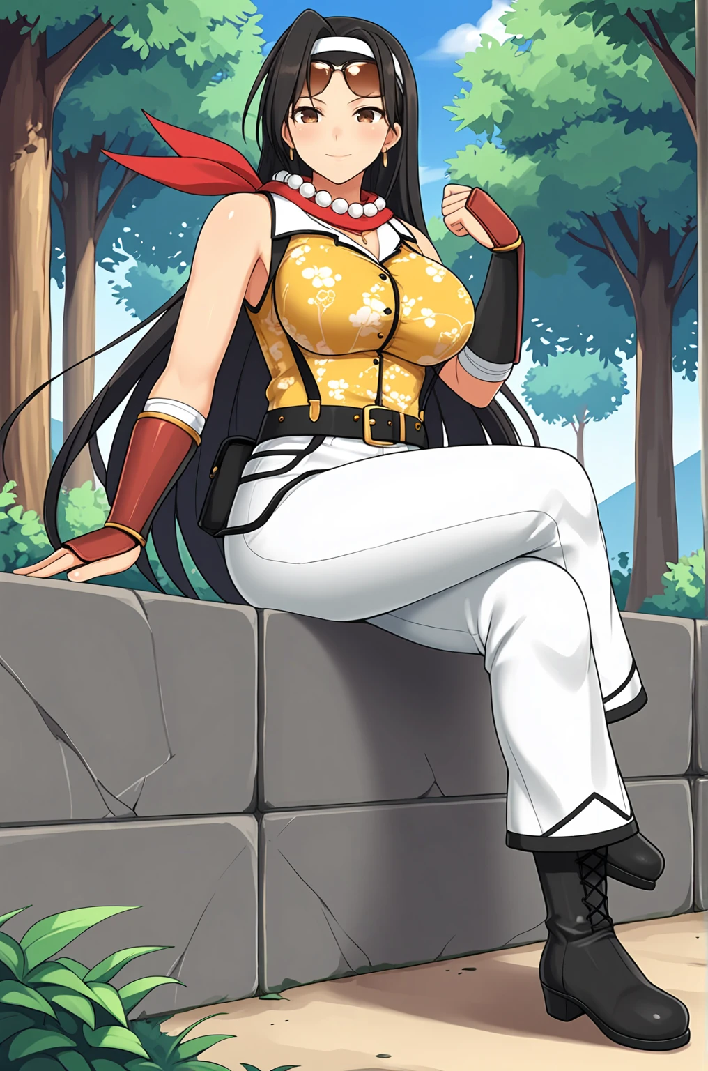 anime artwork, score_9, score_8_up, score_7_up, source_anime, BREAK, thick outline, fat outline,
Jasmine XL, brown eyes, long black hair, headband, sunglasses on forehead, hoop earrings, red scarf, large breasts, BREAK, Jasmine_shinobi, bead necklace, yellow tank top, sleeveless, suspenders, forearm guards, massive black belt, brown belts, white pants, black boots, BREAK, outdoors, sitting, crossed legs,
<lora:Jasmine_XL:0.7>
<lora:PersonalAmi_PonyXL:0.5>