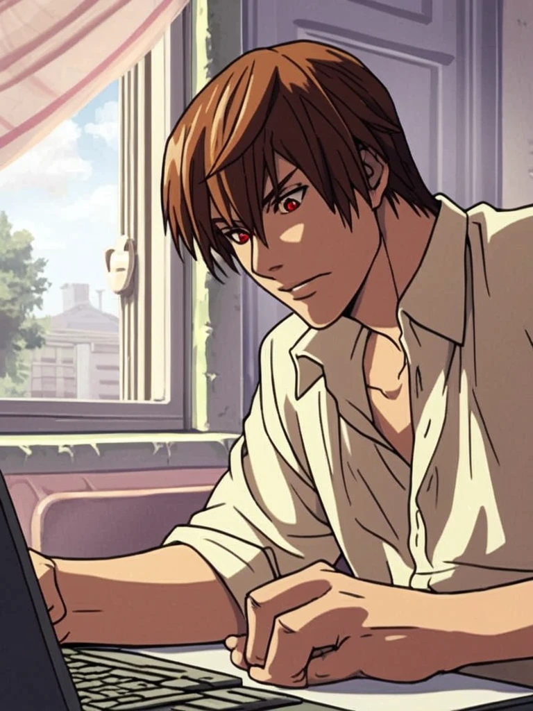 score_9, score_8_up, score_7_up, light yagami, a man sitting in front of a laptop computer, brown hair, red eyes, collared shirt, dress shirt, keyboard computer,     <lora:deathnote_pony_v1:0.95>