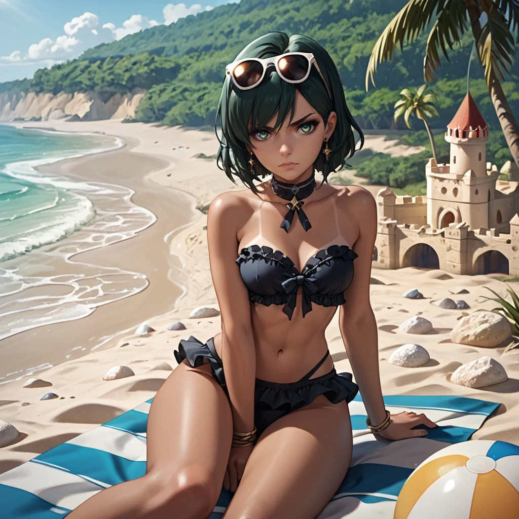 <lora:lily:1>,1girl,solo,lily (nier:automata),dark green hair,short hair,green eyes,black bikini,frilled bikini,strapless bikini, tan, eyewear on head, sunglasses, 
outdoors,beach,day,sand,sand castle,beachball,beach umbrella,beach towel,
cowboy shot,sitting,on beach towel, holding legs, looking at viewer, angry, pout,, score_9, score_8_up, score_7_up, perfect anatomy, source_anime, zPDXL2,