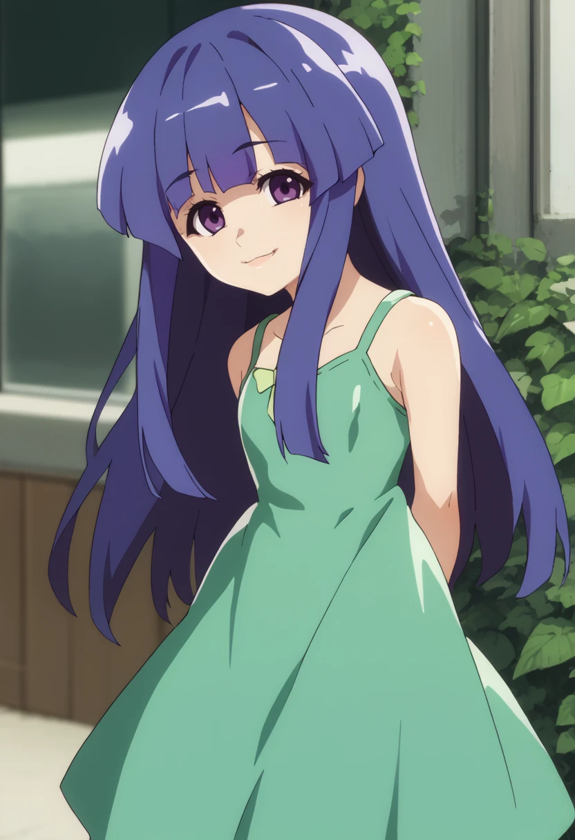 score_9, score_7_up, 1girl, furude rika, blue hair, purple eyes, green dress,  looking at viewer, smile,  solo, arms behind back,      <lora:Higurashi GOU-000045:1>    <lora:Furude Rika:1>