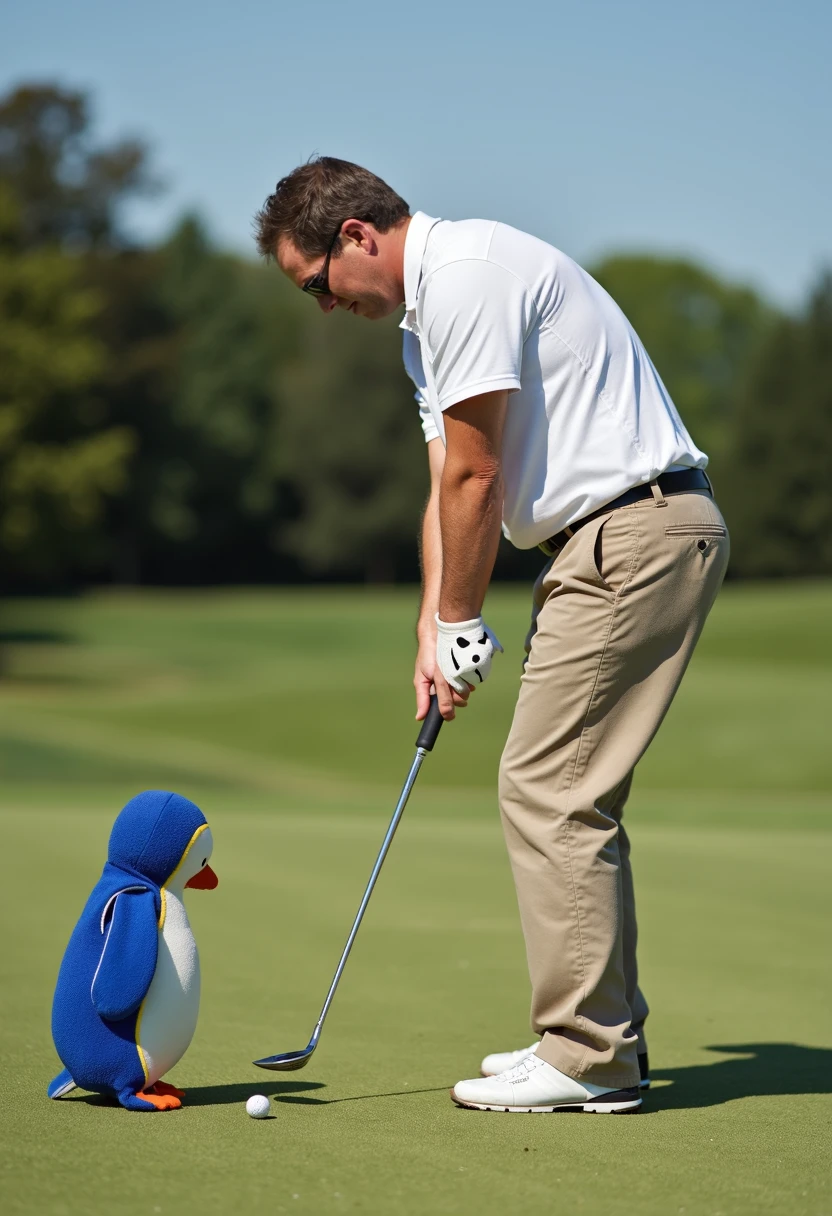 A realistic photo of a blue toy penguin and a man swinging golf clubs in perfect unison on a sunny golf course. The penguin, with its small but determined stance, is mimicking the man's swing. The man, dressed in a white polo shirt and khaki pants, is focused on his shot, while the penguin's beady eyes are locked on its own tiny golf ball. The green fairway stretches out before them, with trees in the background and a clear blue sky overhead.
