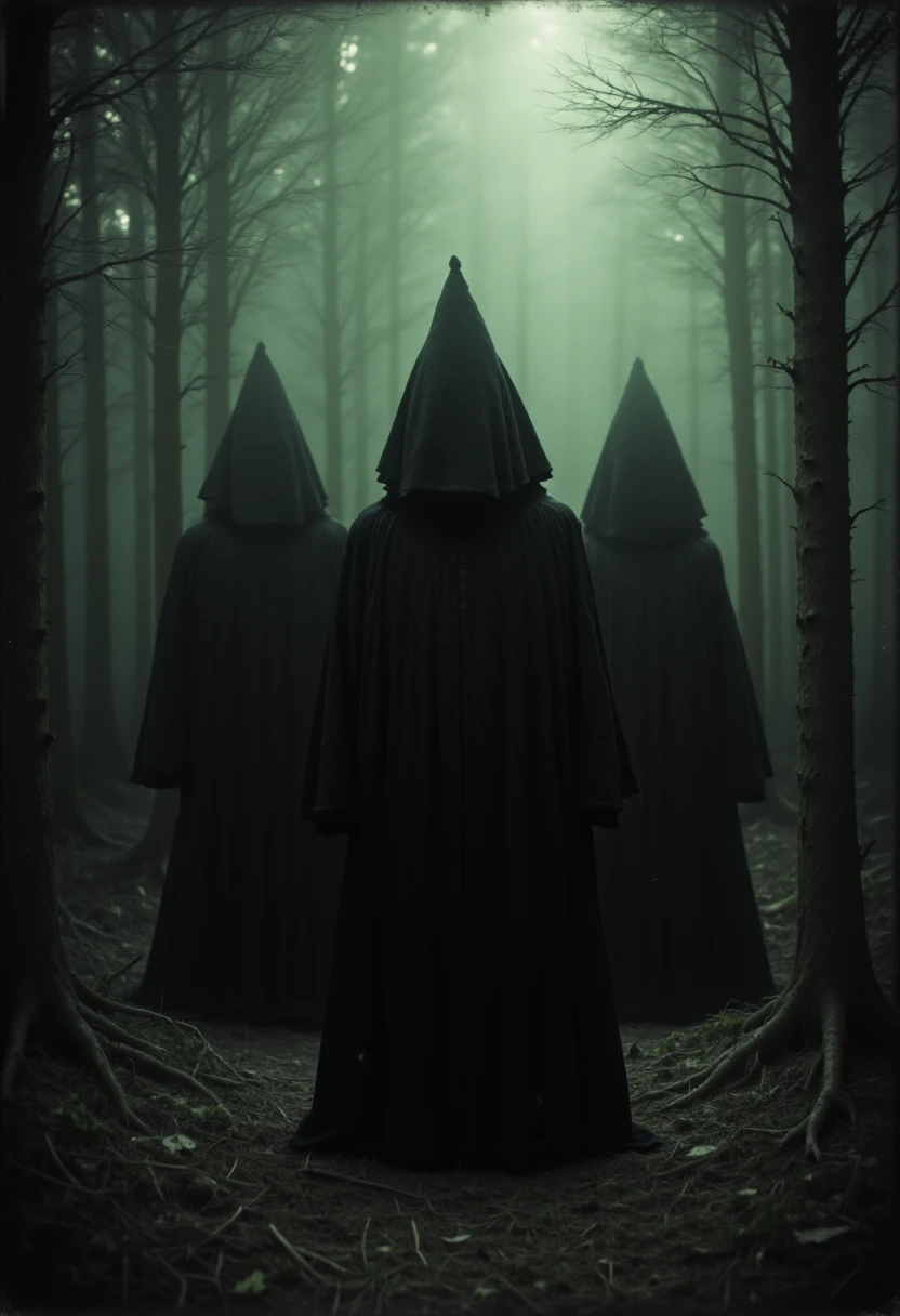 0ccu1t, creepy photo, old photo, distorted, masked, pointy hooded cultists in a forest, deep dark shadow, evil, sinister