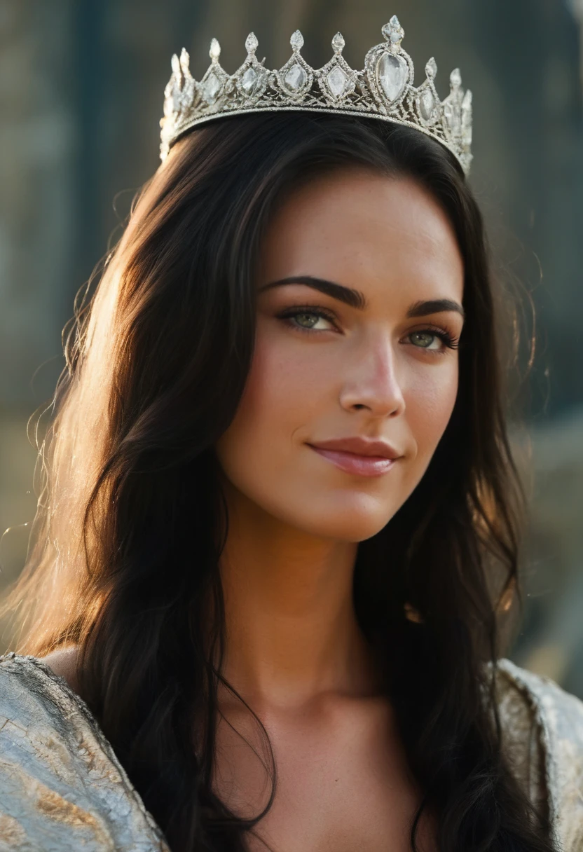 photo of a woman, m3g4n,   (Skin texture),High quality,Closeup face portrait photo, analog, film grain, dressed as a medieval queen with a delicate diamond tiara,regal, bright smile,looking at the viewer<lora:megf2009:.9>