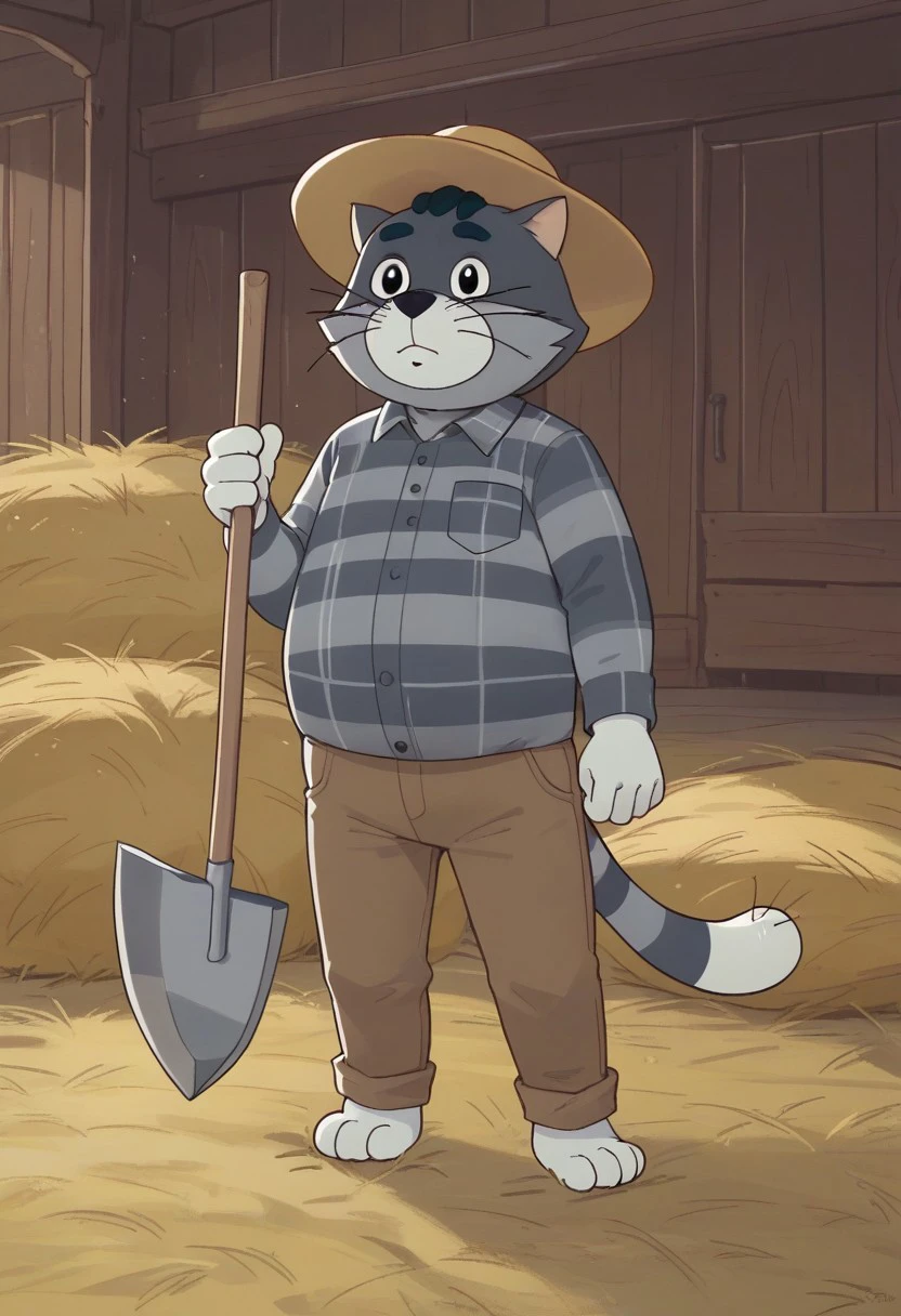 score_8_up, score_9, anthro furry striped cat character with gray fur, furry character, matroskin from prostokvashino village cartoon, posing at barn, hay hat, brown willager pants, plaid shirt,  holding single long  shovel in both hands