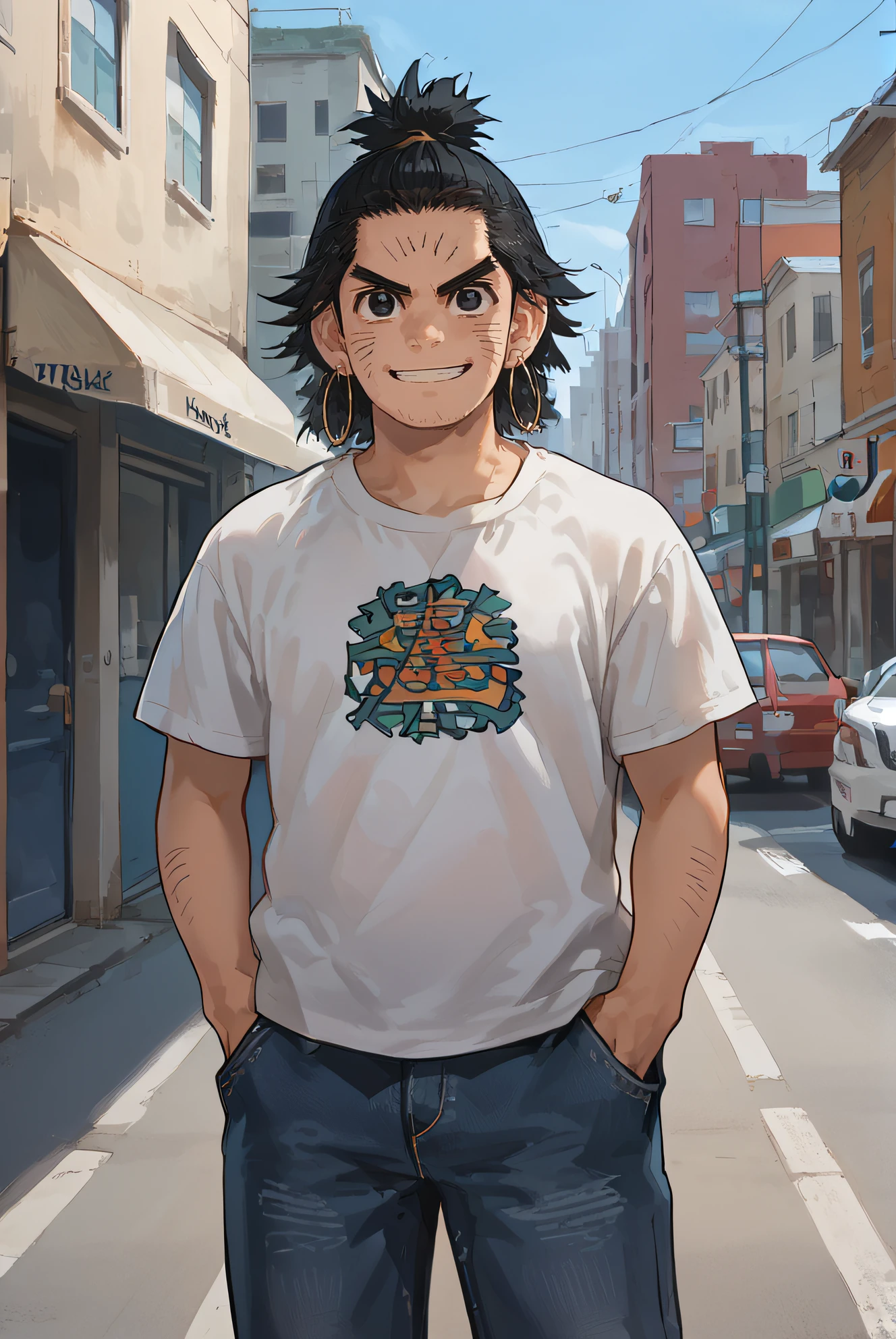 score_9, score_8_up, source_anime,
1boy, solo, chikapashi, black hair, black eyes,  topknot, facial marks, hoop earrings,
t-shirt, white shirt, short sleeves, pants, jeans, street, hand in pocket, standing, smile,
<lora:Smooth Style 2 SDXL_LoRA_Pony Diffusion V6 XL:0.8> <lora:chikapashi:1>