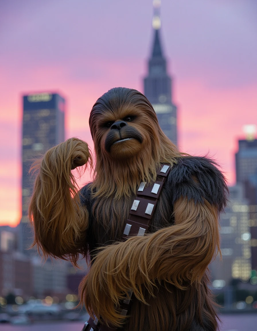 chewbacca flexing his arm muscles against a city skyline at sunset, dreamy analog style photo
