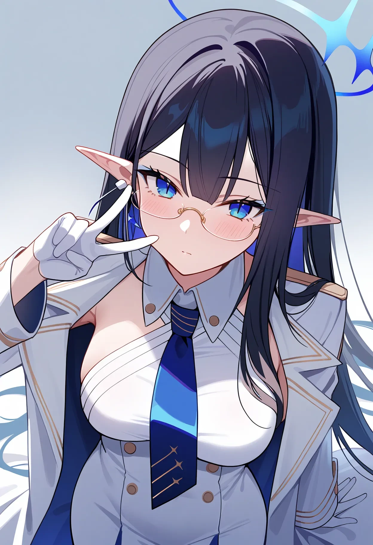 r_nanakami, score_9, best quality,
from above, blue eyeliner, slit pupils, 1girl, black hair, blue eyeliner, blue eyes, blue necktie, breasts, coat, earrings, expressionless, eyeliner, glasses, gloves, blue halo, jewelry, long hair, long sleeves, makeup, mechanical halo, necktie, pointy ears, simple background, solo, white coat, white gloves, white uniform, v
<lora:r_nanakamiXL_pony:1>