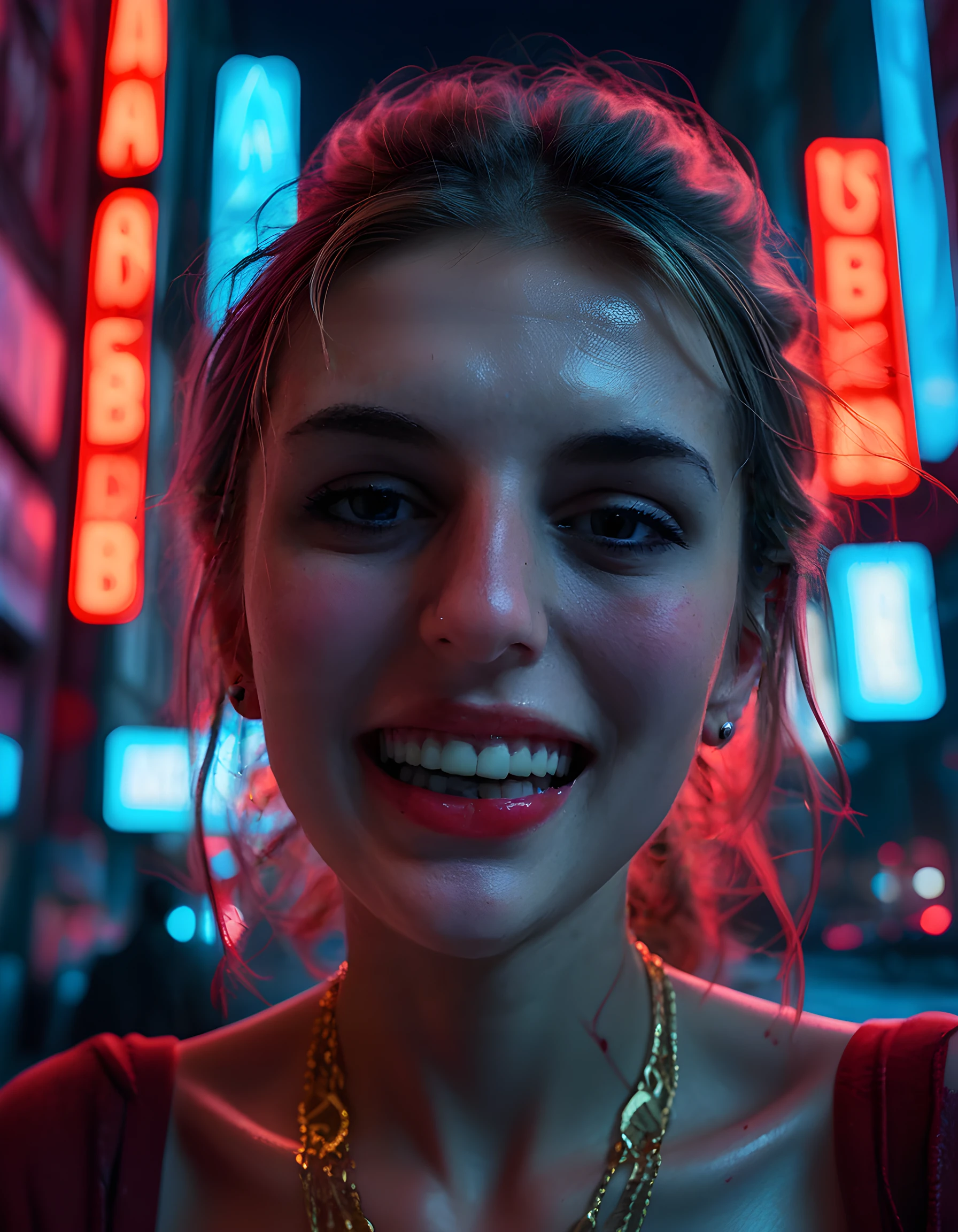 In a gritty, noir-inspired cityscape bathed in the soft glow of neon lights, a woman named AM813B stands center stage, her face illuminated by the pulsating red and blue hues of distant signs. Her lips are painted a bold, blood-red, and her teeth glint menacingly as she flashes a knowing grin, adorned with intricate gold filigree jewelry that catches the light and dances on her face. The camera angle is low, gazing up at her from below, capturing her defiant stance and steely gaze, hinting at the power dynamics and tension that permeate this urban jungle.