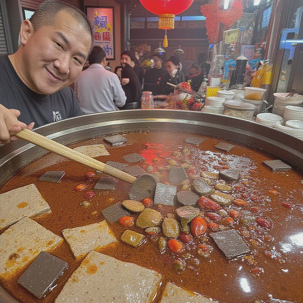 Close-up of a bustling street food stall, dominated by a large, steaming cauldron of spicy broth. The vendor, an older man with experienced hands, stirs the deep red-brown liquid with a long-handled ladle. The soup bubbles gently, releasing aromatic steam rich with the scent of chili and Sichuan peppercorns. Floating in the broth are dark cubes and white silky pieces, interspersed with small silvery dried fish and strips of preserved mustard greens. Whole red chilies and peppercorns bob on the surface, creating a fiery appearance. A layer of vivid red chili oil shimmers on top. Surrounding the pot are stacks of small bowls, pairs of chopsticks, and jars of additional condiments. Overhead, red lanterns cast a warm glow on the scene. In the foreground, a customer's hands reach for a freshly ladled bowl. The background blurs into a soft mix of moving figures and distant lights, suggesting a lively night market. Rising steam creates a misty effect around the stall, emphasizing the focal point of the simmering pot and the skilled vendor at work