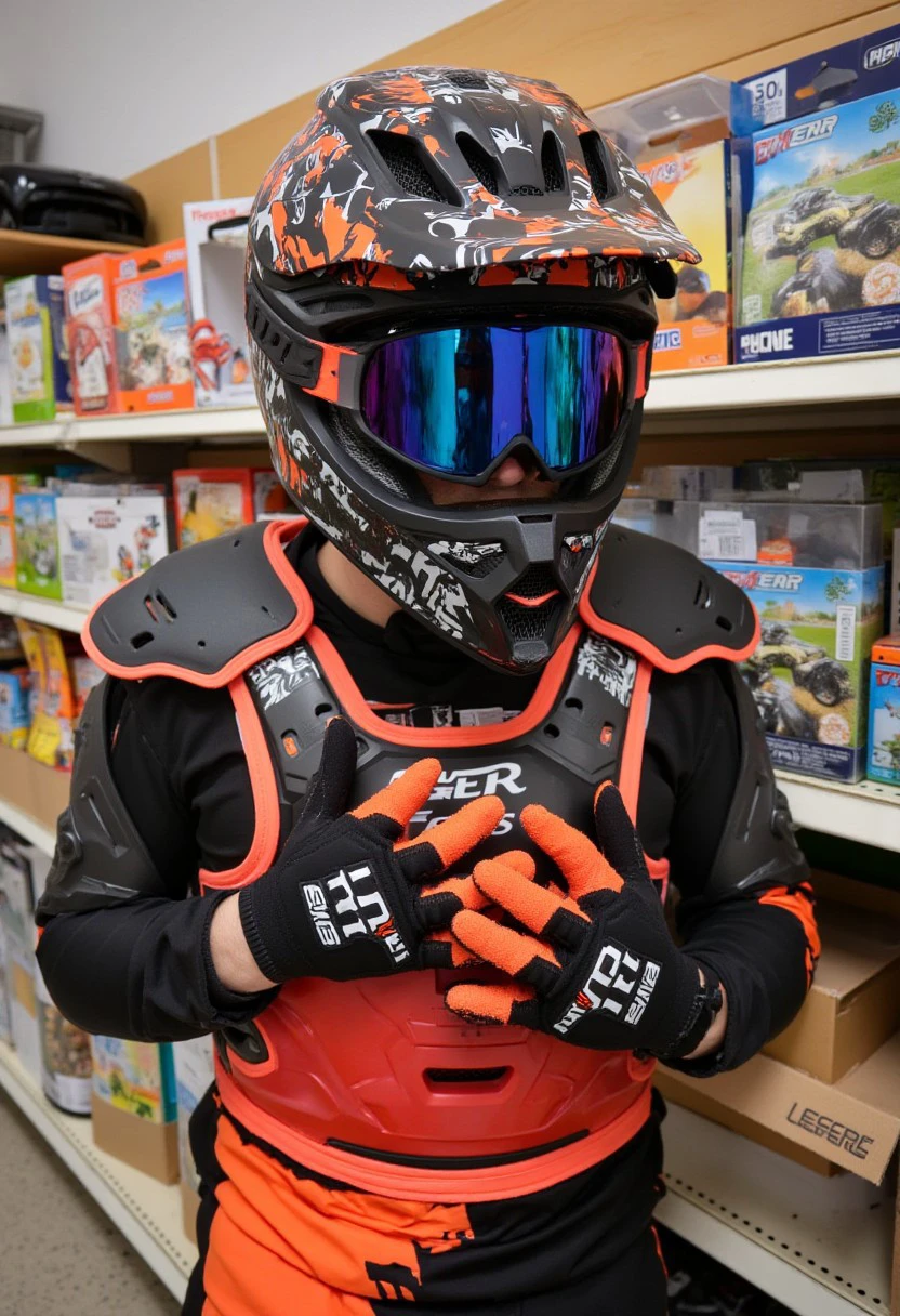 MxGear with red chest protector and helmet, inside a toy store buying frogs