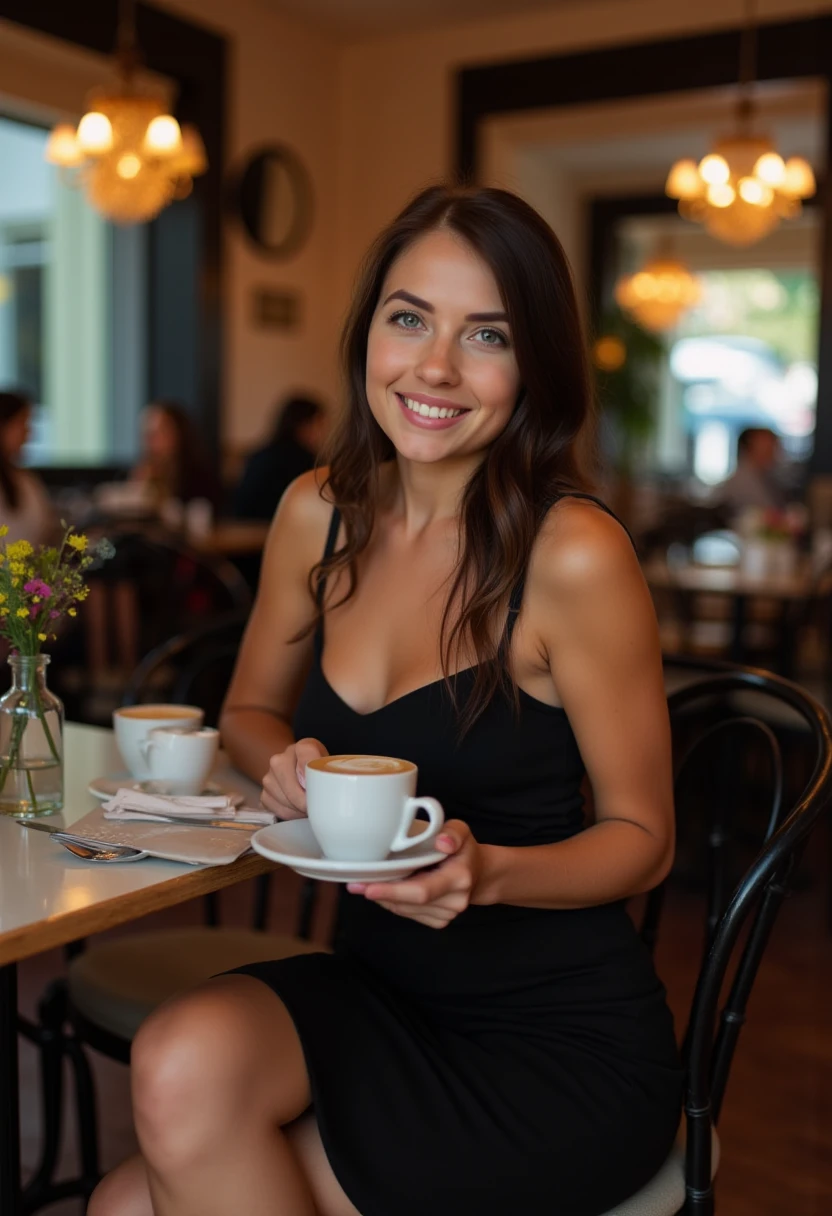 niemira, petite, wearing a black dress, sitting in a cafe drinking an espresso. looking at the viewer smiling, happy