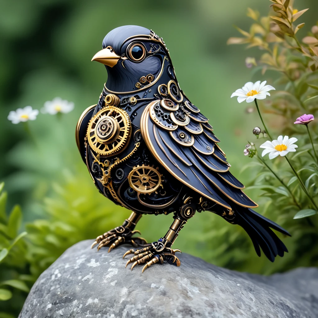 <lora:Rococo_Steampunk_SDXL:1> ArsMJStyle, Rococo Steampunk, The image shows a black and gold bird sitting atop a rock surrounded by a few plants with flowers in the background., no humans, blurry, bird, blurry background, steampunk, wings, gears, depth of field
