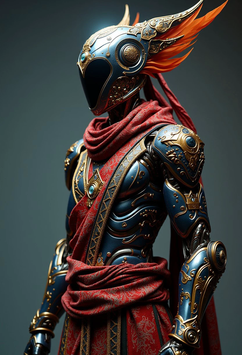 (high quality), (masterpiece), (detailed), 8K, Hyper-realistic portrait of (Indonesian cyborg1.3) showcases fusion of (traditional attire1.2) with (futuristic armor1.2) and (neon accents1.2). (Glowing circuits1.2) and ( metallic limbs1.2) blend with (intricate batik patterns1.2) and (golden accents1.2), creating a unique (sci-fi1.2) aesthetic. Trending on DeviantArt.