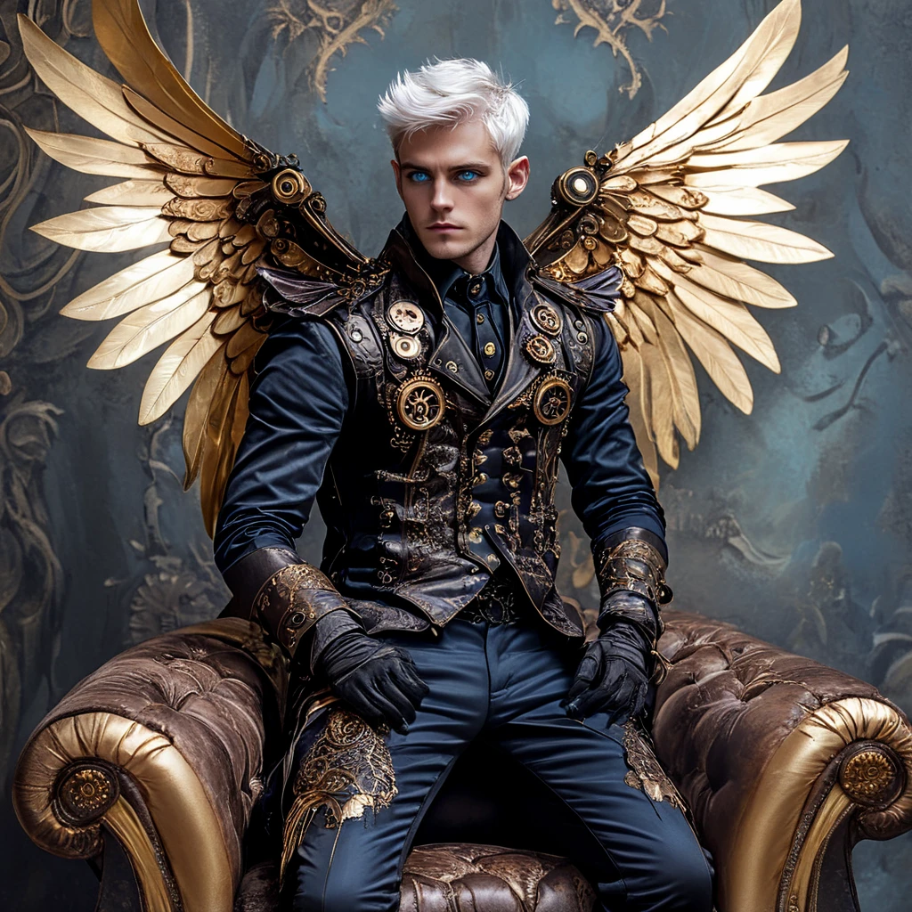 <lora:Rococo_Steampunk_SDXL:1> ArsMJStyle, Rococo Steampunk, The image shows a man sitting on top of a couch with wings wearing a black and gold dress. The background of the image is a wall., wings, solo, male focus, 1boy, steampunk, white hair, sitting, blue eyes, mechanical wings, chair, gloves, pants, realistic, vest