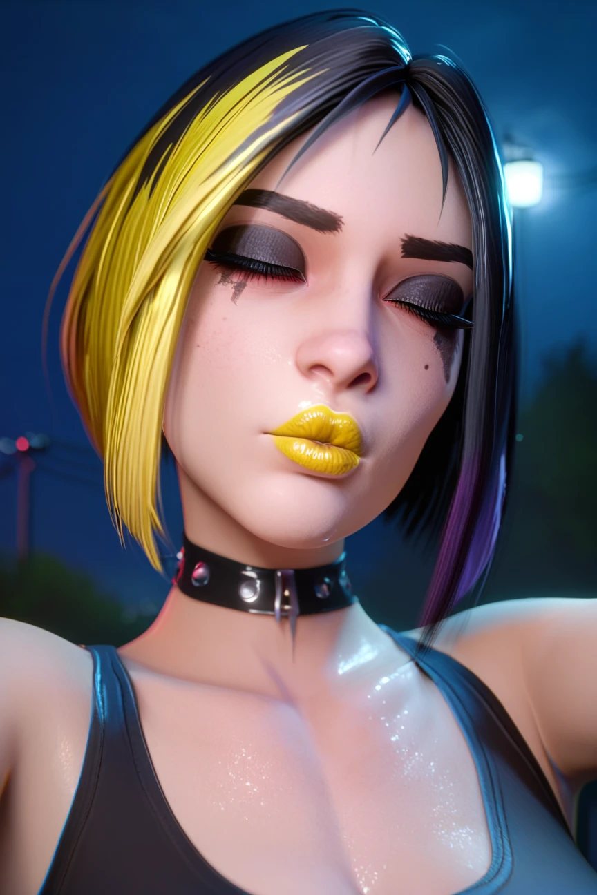 score_9, score_8_up, score_7_up, 3d style, goth girl, yellow eyes, bob cut, big lips, split-color hair, black hair, yellow hair, pale skin, big breasts, black eyeliner, dark makeup, yellow lipstick, fur coat, tank top, chest cutout, looking at viewer, closed mouth, half closed eyes, tired, face focus, close up, portrait, outdoors, night, best quality, high quality