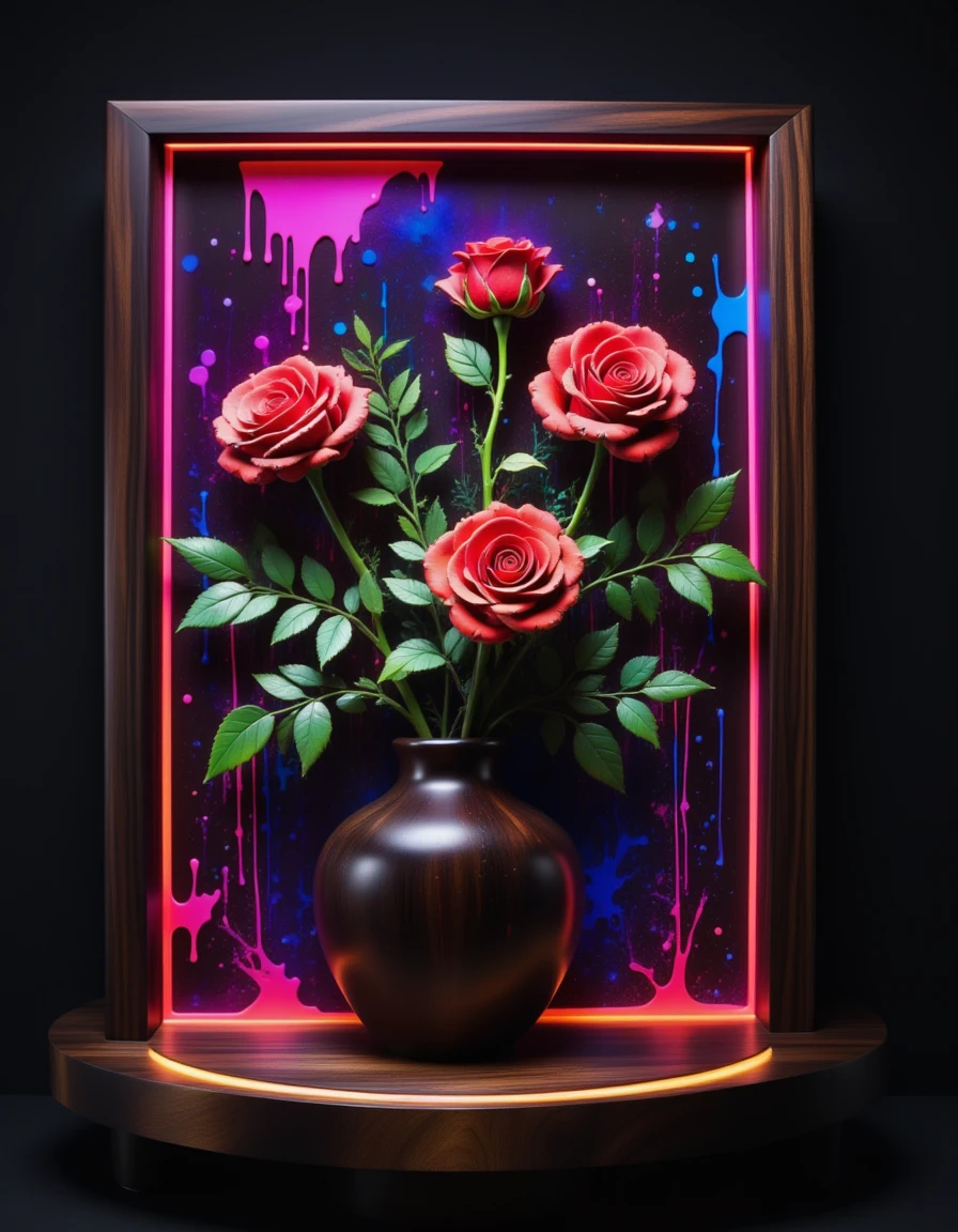 still life with roses, neon splash, ebony wood  <lora:FLUX_ebonysplash:1>