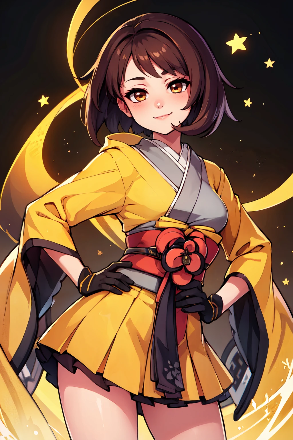 ((masterpiece,best quality)), absurdres,  BREAK, , <lora:GloriaChiori:0.8>,   zzgloriachiori, brown eyes, brown hair, bob cut, asymmetrical hair, japanese clothes, yellow kimono, black gloves,  , BREAK, hip to the side, hand on hip, contrapposto,, BREAK, solo, smile, looking at viewer, cowboy shot,