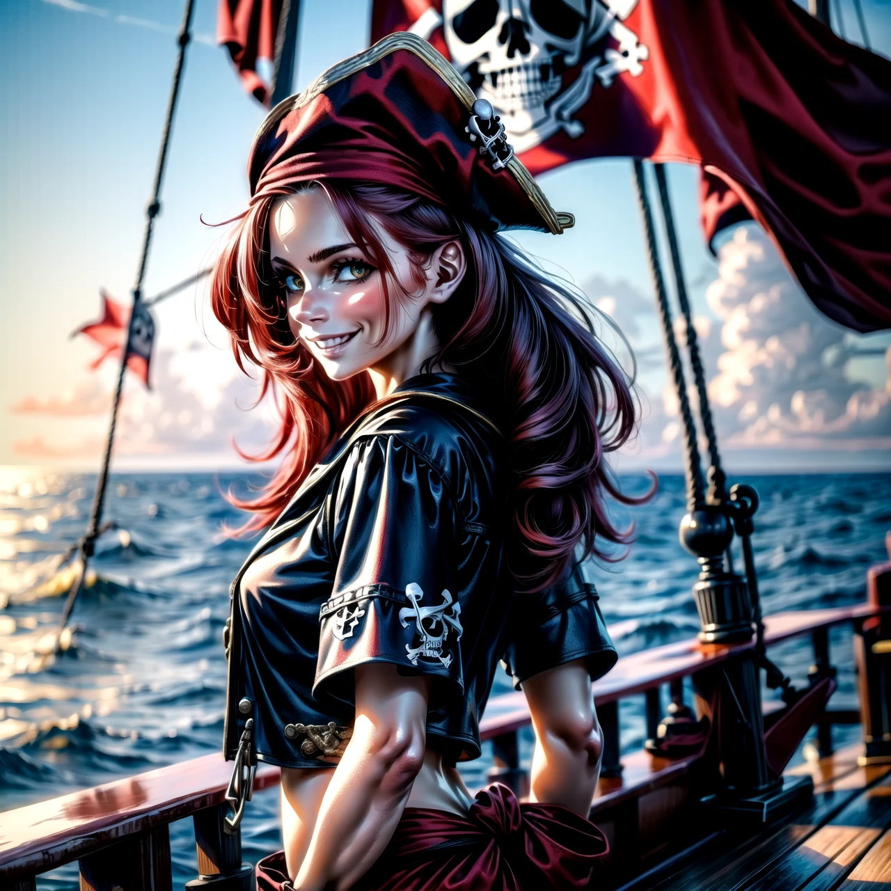 <lora:deepdarkocean:0.8>, deepdarkocean, 1girl, pirate, red hair, pirate flag, ship, ocean, looking at viewer, smile, <lora:NsfwPovAllInOneLoraSdxl:0.5>, high quality, highres, masterpiece, best quality, 8k, intricate, detailed, <lora:add_detail:0.6>, very detailed, <lora:more_details:0.6>, <lora:JuggerCineXL2:0.6>, <lora:Smooth Anime 2 Style SDXL_LoRA_Pony Diffusion V6 XL:0.6>