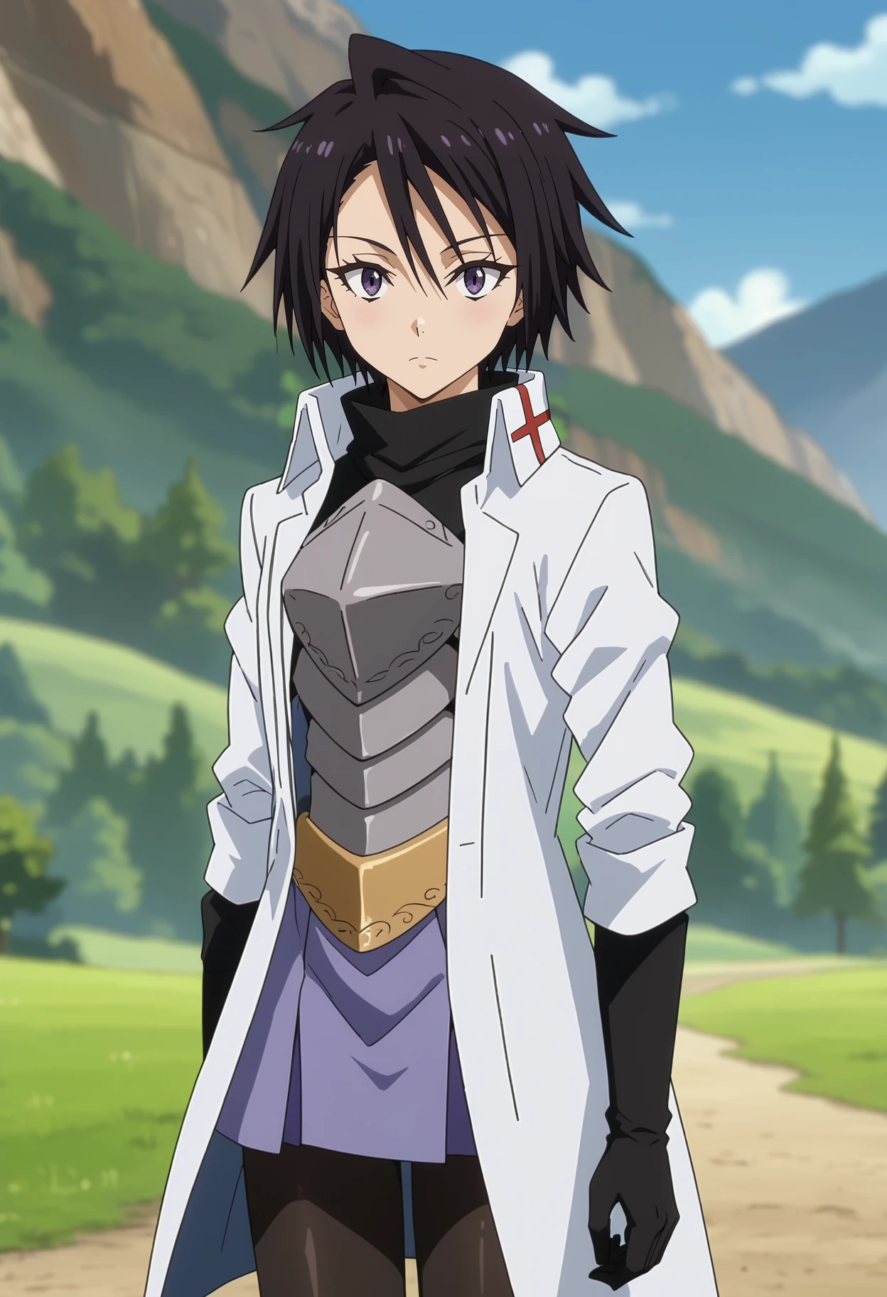 score_7_up, anime screencap,
<lora:TenSura_SakaguchiHinataXL:0.9>, SakaguchiHinata,
1girl, solo, closed mouth,
short hair, black hair, purple eyes,
white coat, turtleneck shirt, black shirt, breastplate, black gloves, belt, purple skirt, black pantyhose,
looking at viewer, cowboy shot, thigh gap,
blurry background, outdoors, mountains, scenery, forest, blue sky