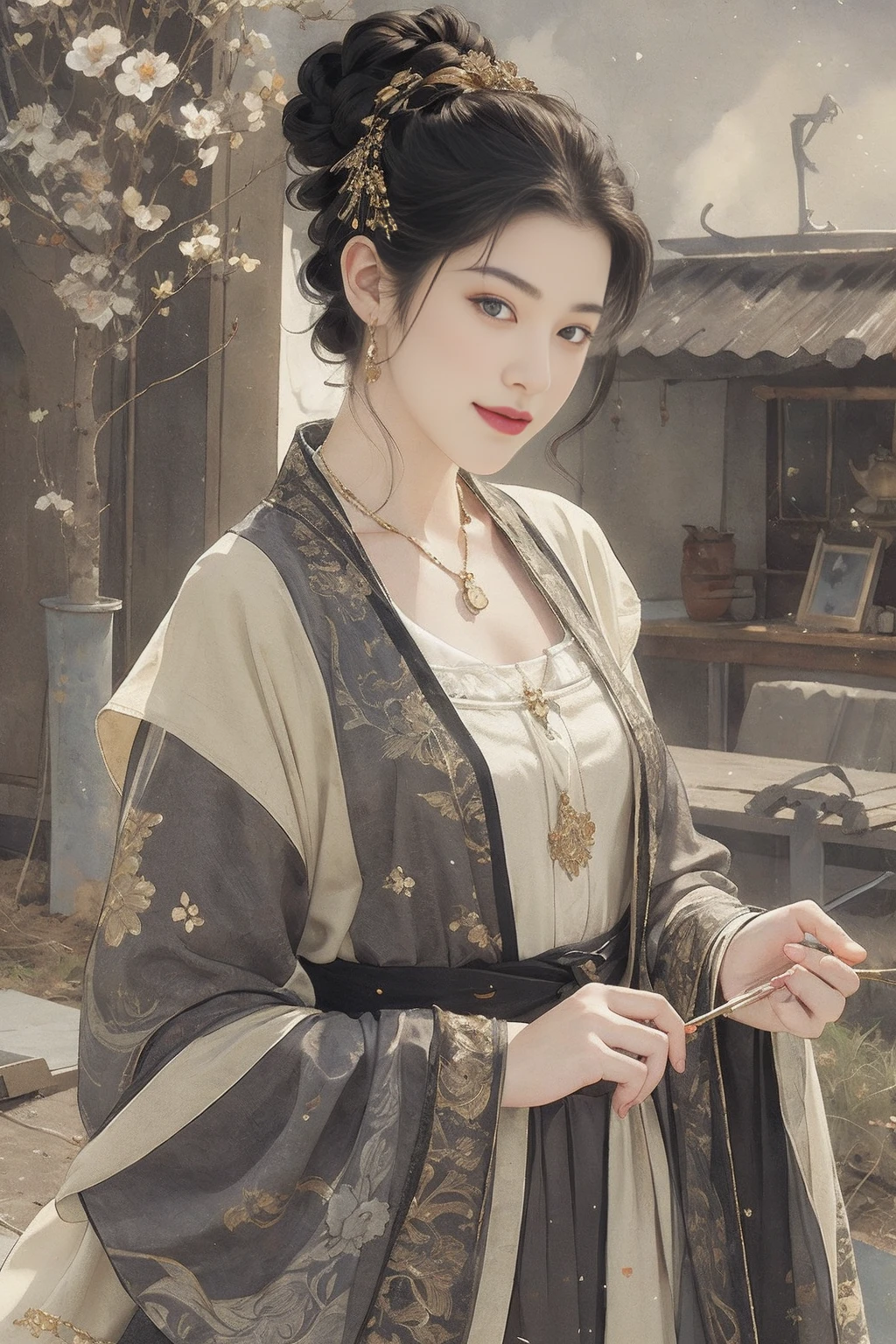 (masterpiece, best quality, ultra-detailed:1.2),1girl,perfect curves,(g0ld3mb, gold:1.1),(glimmering galaxy dress:1.1),HDR photo of young woman with a messy top bun,light brunette hair,wearing a slightly unbuttoned blouse,smiling at the viewer,holding a peach,standing in an orchard of peach trees . High dynamic range,vivid,rich details,(2D:1.3),watercolour drawing,((paper scroll)),(fantasy),(mystery),((Cinematic Lighting)),<lora:wensufan_v4:0.8>,silver foil texture,linen texture,black gold,figure,jewelry,flower,tree,<lora:wenfun_v222:1>,