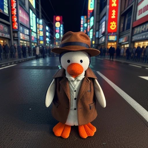 a photo of a toy penguin wearing a brown trenchcoat and a brown fedora while walking down across a big city intersection in tokyo japan, night, dark, neon signs <lora:peanut:.5>