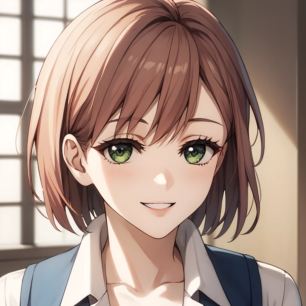 alisa_granger, short hair, brunette hair, bangs, large breasts, white collar shirt, blue vest, cleavage, portrait, close up, seductive smile<lora:XL-AlisaGranger:1>, score_9, score_8_up, score_7_up, score_6_up, source_anime,