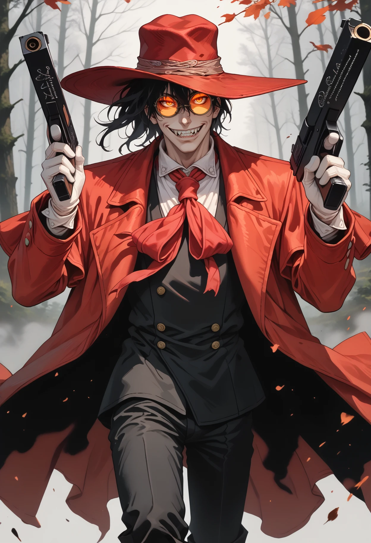 score_9, score_8_up, score_7_up, source_anime, 1boy, standing, hand up, holding gun, dual wielding, grin, sharp teeth, fangs, covered eyes, <lora:AlucardHS-pdxl:1> aluHS, red hat, black hair, glasses, orange-tinted eyewear, red trench coat, red ascot, collared shirt, white gloves, black pants, boots, forest, fog