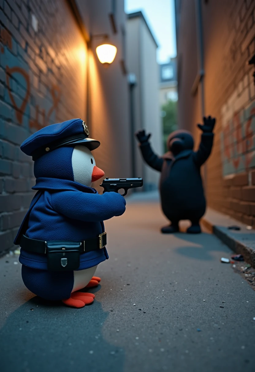 A dramatic scene of a blue toy penguin dressed as a police officer, stopping a suspect at gunpoint in a dark alley. The penguin is wearing a navy blue police uniform complete with a badge, a tiny cap, and a utility belt. It’s holding a small handgun with one flipper, aiming it at a shadowy figure who has their hands raised in surrender. The alley is dimly lit by a flickering streetlamp, with graffiti-covered walls and scattered trash, creating a tense and gritty atmosphere.
