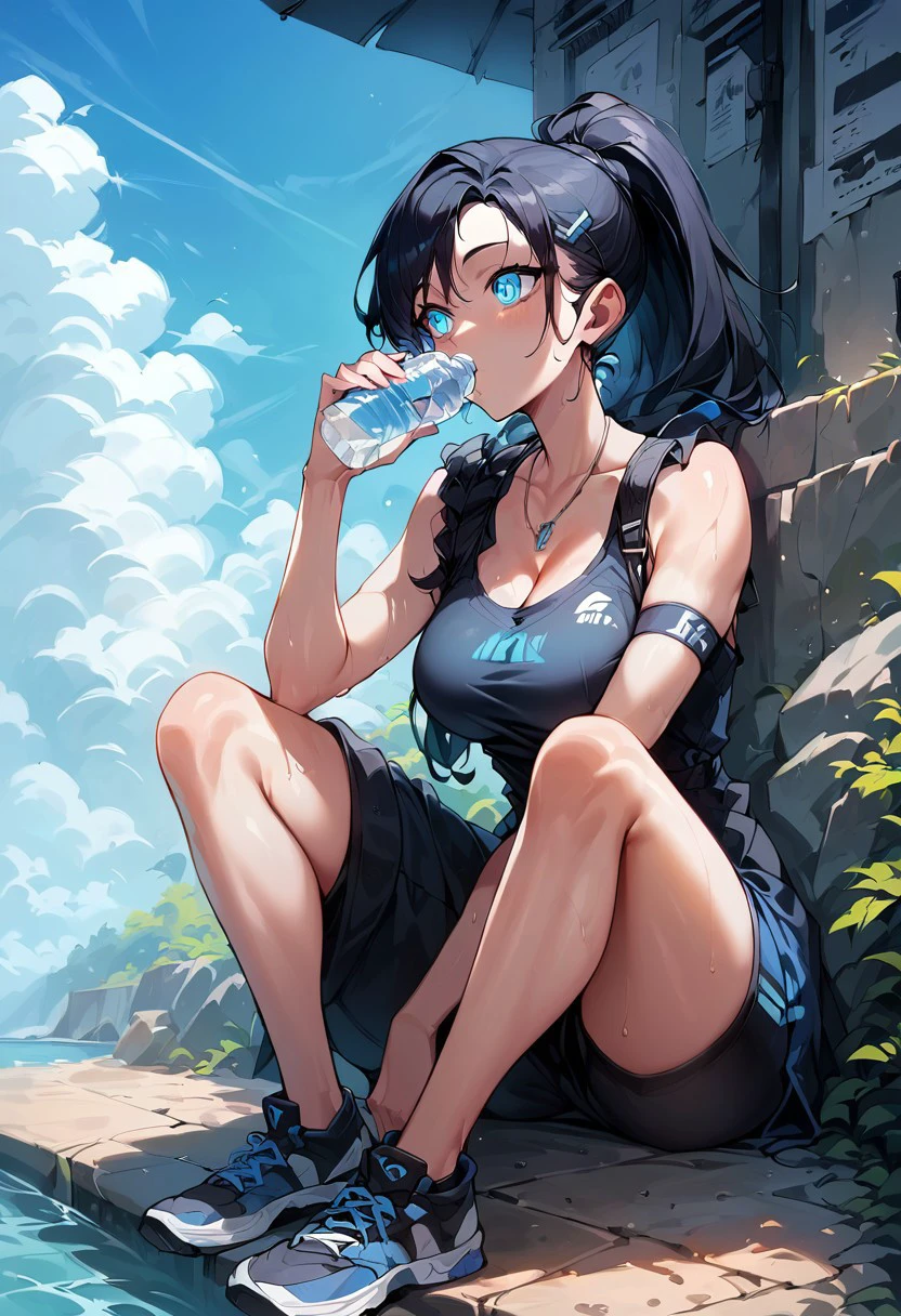 score_9, score_8_up, score_7_up,source_anime, high res image,masterpiece,best quality,woman,middle breasts,cute face,clear skin,shiny hair,ultra detailed eyes,summer,sky,cloud, drinking,holding bottle,water bottle sweat,ponytail,looking at cup,sitting ,full body