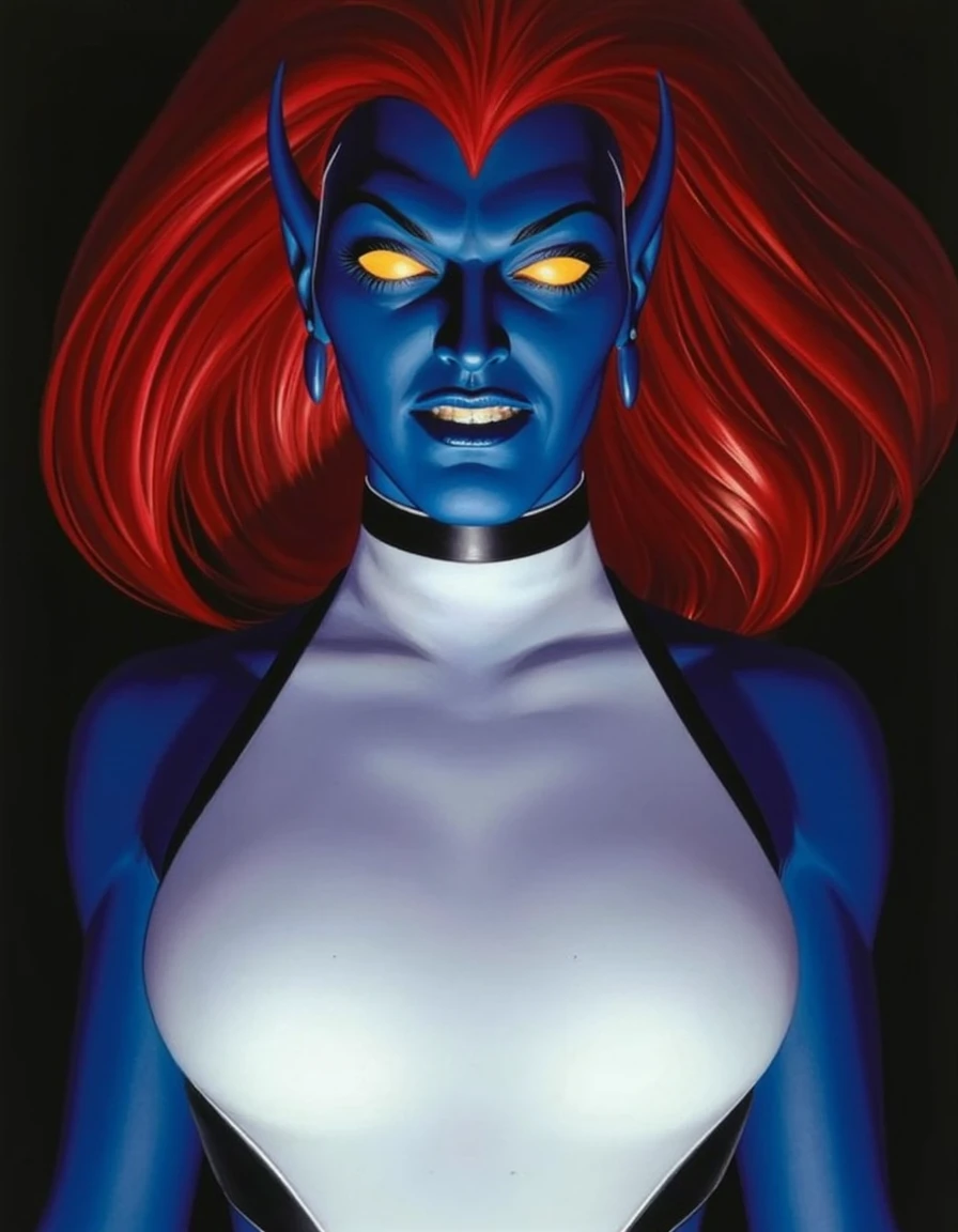 Alex Ross style painting of Mystique with a confident, intense expression and a slight smirk. She has red hair and glowing yellow eyesThe pose is a close-up, three-quarter view of her upper body, showing her looking directly at the viewer. The angle is slightly above eye level. The lighting is dramatic, with high contrast between light and shadow, highlighting the contours of her face and body