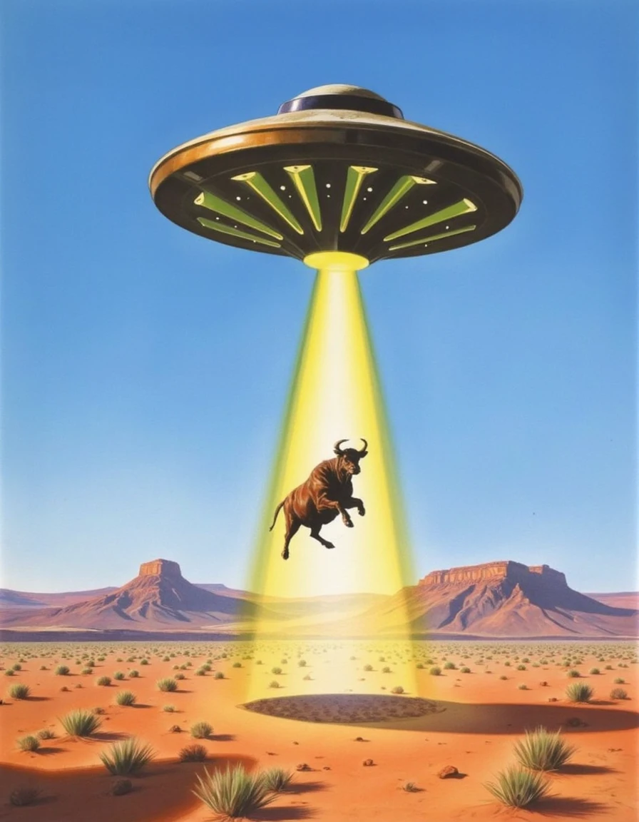 Alex Ross style painting of an extraterrestrial UFO flying saucer craft hovering over the desert near area 51, the craft is beaming a tractor beam which is levitating a cow into the air