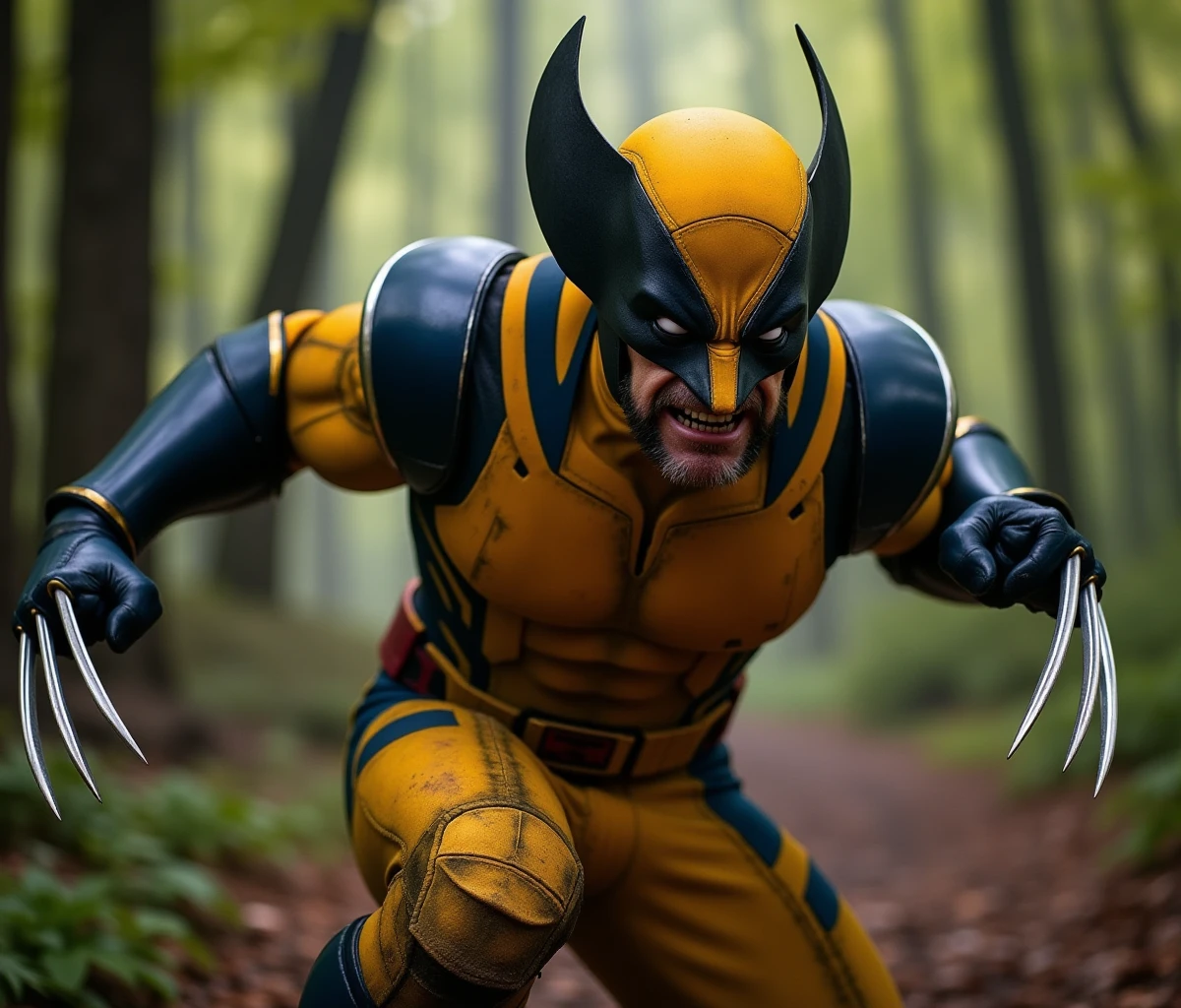 Wolverine is in a fighting pose, claws out, ready to fight in the canadia forest <lora:Wolverine:0.9>