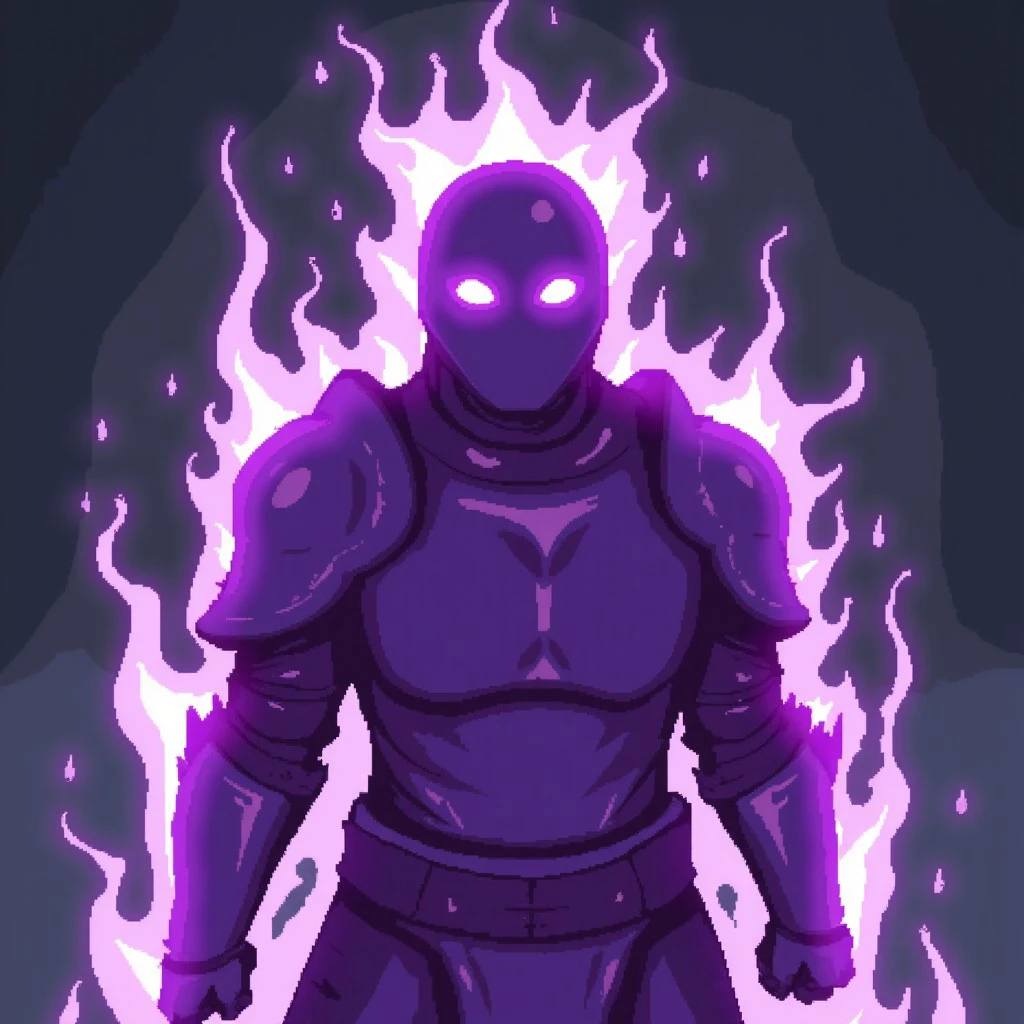 riskofrain character portrait, the ancient wisp, a glowing ethereal purple creature that loosely resembles a human warrior wearing a suit of armor engulfed in purple flame, it's eyes are small balls of white fire