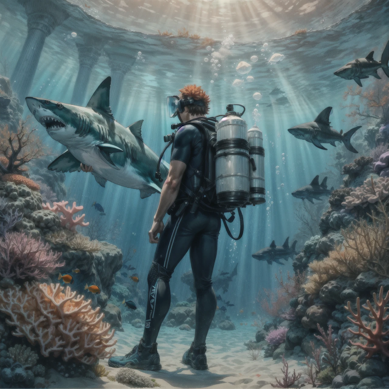 undersea, 1boy, scuba diver, shark, scuba gear, scuba tank, sand, coral, fish, <lora:deepdarkocean:0.6>, deepdarkocean, <lora:NsfwPovAllInOneLoraSdxl:0.5>, high quality, highres, masterpiece, best quality, 8k, intricate, detailed, <lora:add_detail:0.6>, very detailed, <lora:more_details:0.6>, <lora:JuggerCineXL2:0.6>, <lora:Smooth Anime 2 Style SDXL_LoRA_Pony Diffusion V6 XL:0.6>