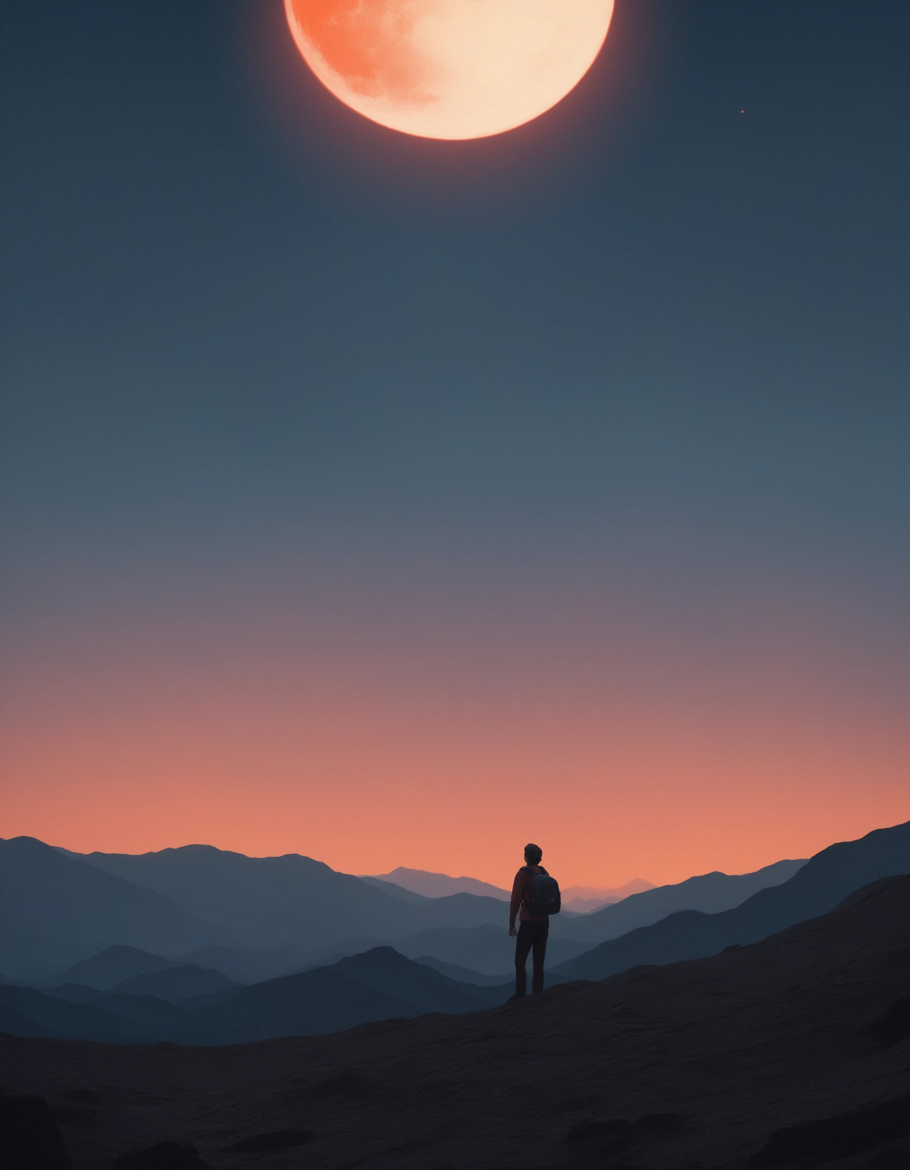 Dramatic low-angle digital illustration, (Silhouetted young male in casual clothing:1.3), Symmetrical sunset composition, Standing in awe, Backpack resting, (Immense glowing orange moon:1.2), Crimson-tinted clouds, Adding movement, Rugged mountains in distance, Serene waterway, Moon's reflection, (Atmospheric warmth:1.2), Smooth gradients, Vibrant color harmony, Deep contrasts, score_9, score_8_up, score_7_up, score_6_up, score_5_up, score_4_up,