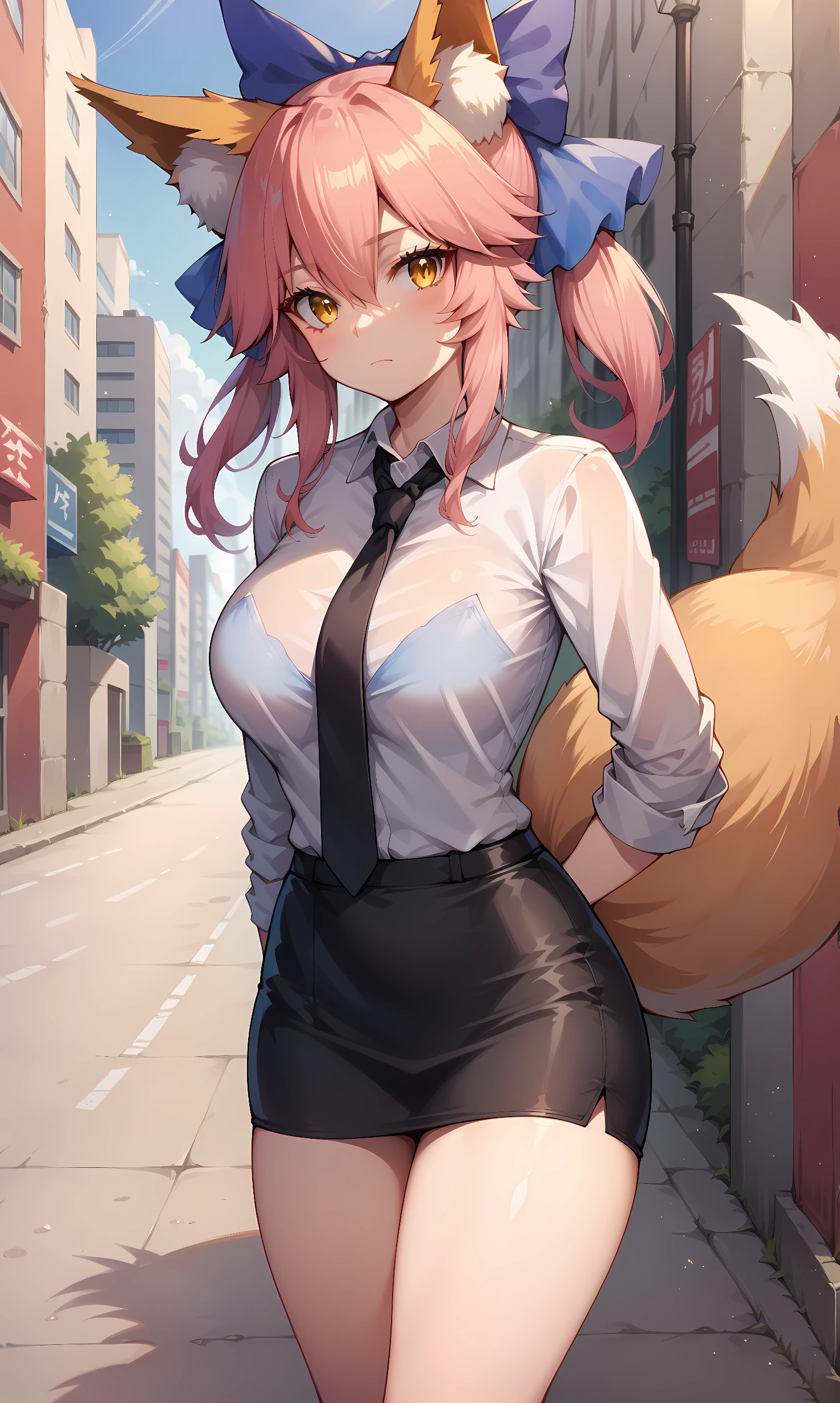 score_9, score_8_up, score_7_up, BREAK source_anime, 1girl, solo, outdoors, street, cowboy shot, looking at viewer, tamamo, pink hair, hair between eyes, sidelocks, short twintails, yellow eyes, animal ears, fox ears, fox tail, blue bow, large bow, hair bow, collared shirt, long sleeves, black necktie, pencil skirt, closed mouth