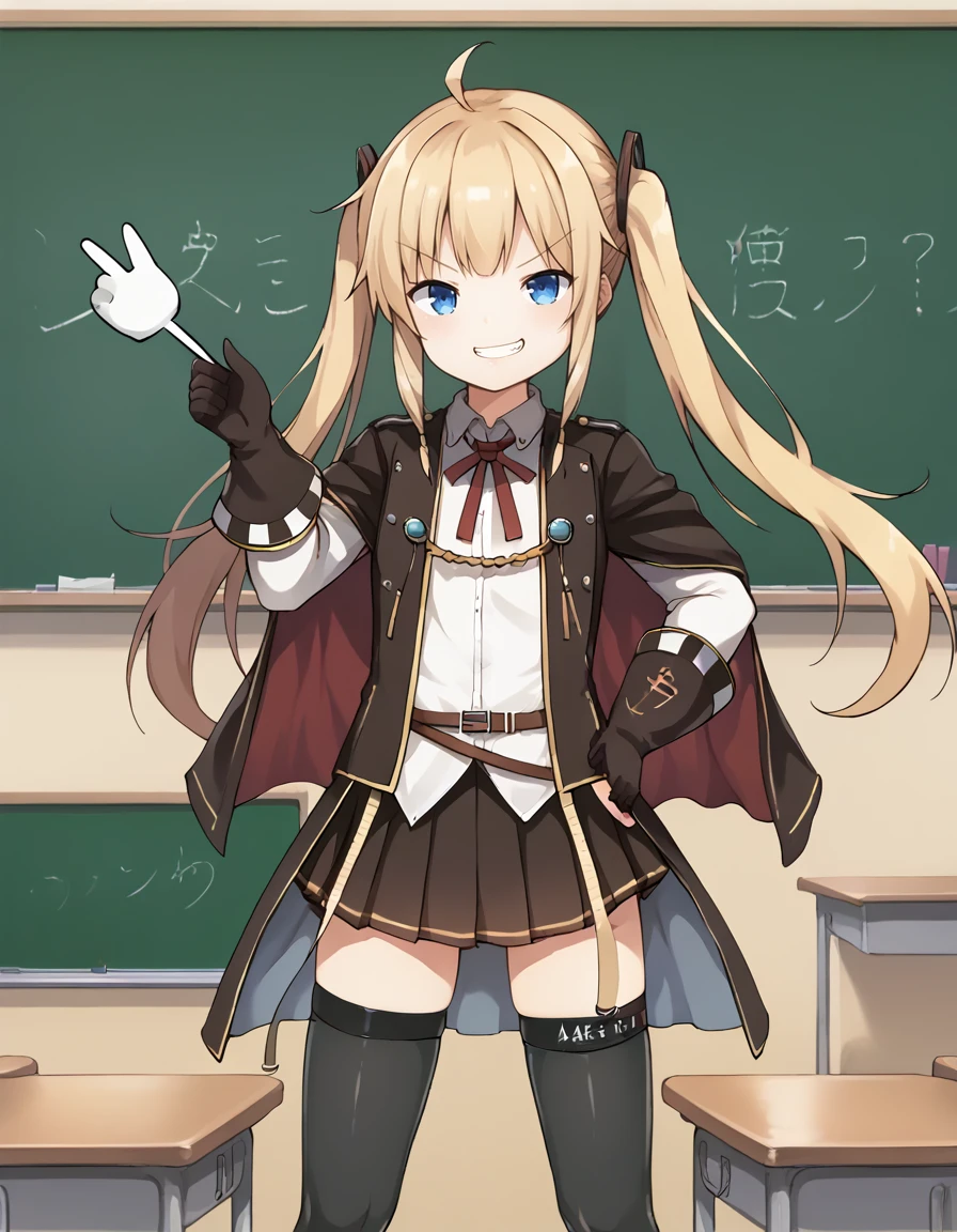 <lora:AzlaAmazon_SDXL_pony_fp16_ver07_168:1>, AzlaAmazon,1girl, blue eyes,blonde hair,twintail,pleated skirt,black thighhighs, gloves,shirt,neck ribbon,military uniform,cape,long sleeves,hair ornament,holding pointer, classroom,standing, smug grin, score_9, score_8_up, score_7_up, BREAK source_anime, rating_questionable, best quality, masterpiece, uncensored,<lora:pony_good_hands:1>,good_hands ,[pony diffusion V6 is trained by PurpleSmartAI:100]