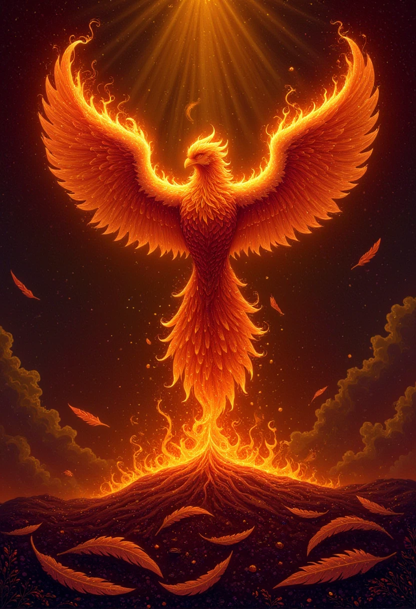 A phoenix burning with fiery flames, suspended amidst swirling tendrils of smoke, a majestic phoenix emerging from hell, photographed in a mystical, low-light atmosphere at dusk with warm golden sunset hues casting an ethereal glow, infused with deep crimson and amber tones. and subtle shadows, as if captured in some ancient and fantastic prophecy. In the background many loose feathers, ashes and fire