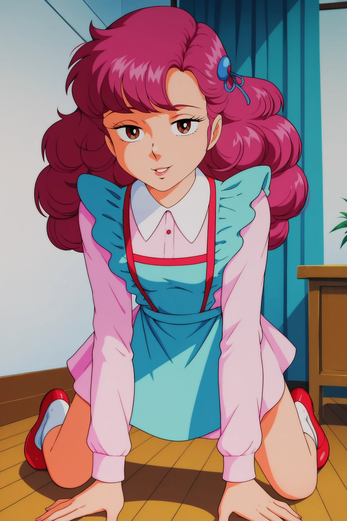 score_9, score_8_up, score_7_up, score_6_up, BREAK, RanUYXL, retro artstyle, brown eyes, pink hair, long hair, bangs, hair ornament, small breasts, white shirt collar, pink dress, long sleeves, pink skirt, aqua apron, white socks, red shoes, solo, all fours, seductive smile, looking at viewer, indoors <lora:RanUYXL:1>