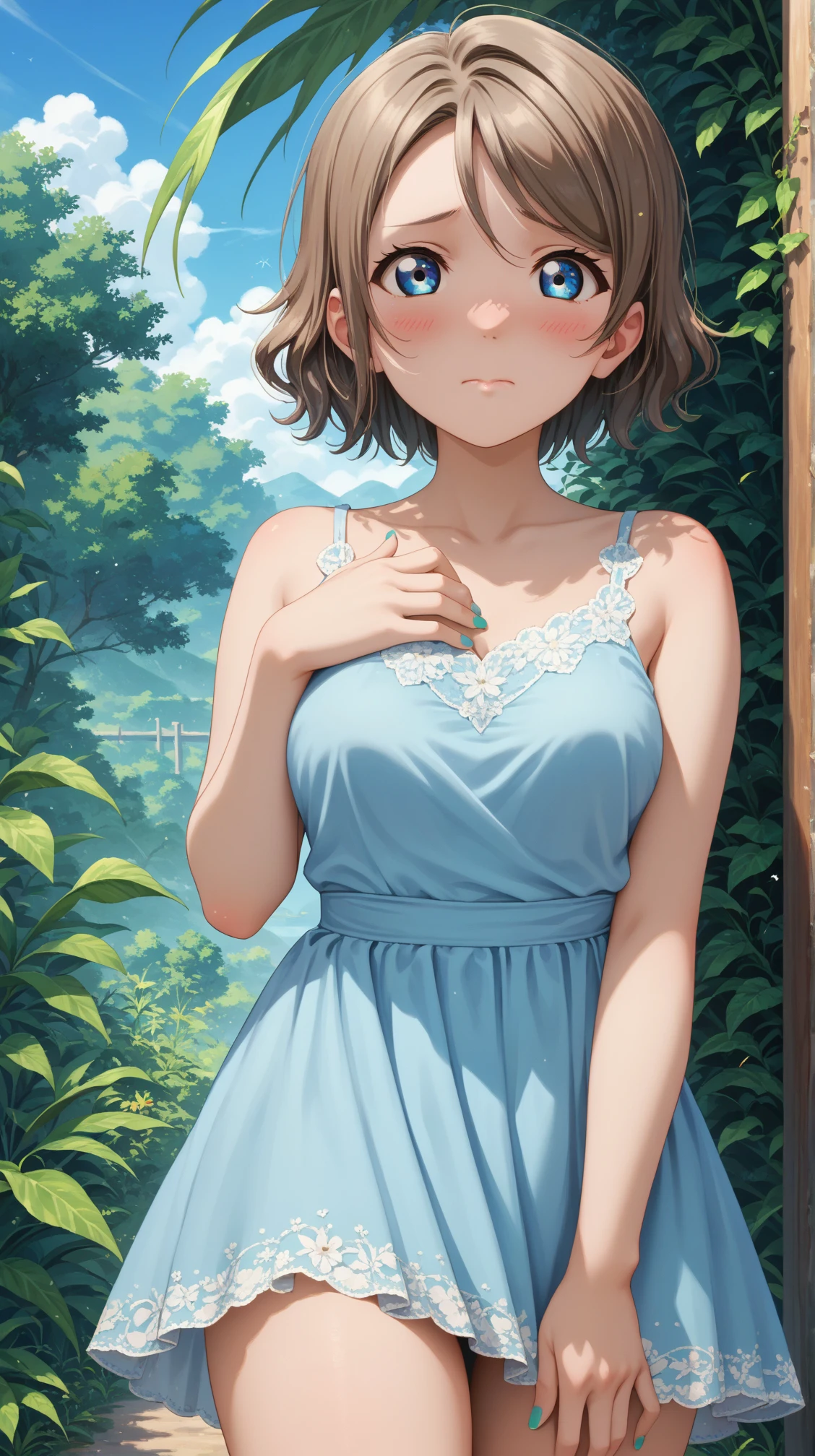 score_9, score_8_up, score_7_up, solo, 1girl, yutanabe, short hair, medium breasts, closed mouth, looking at viewer, 
light blue dress, embarrassed, blush
(thighs:1.3), cowboy shot, outdoors, greenery, nail polish, sky
<lora:layou-04:0.8>