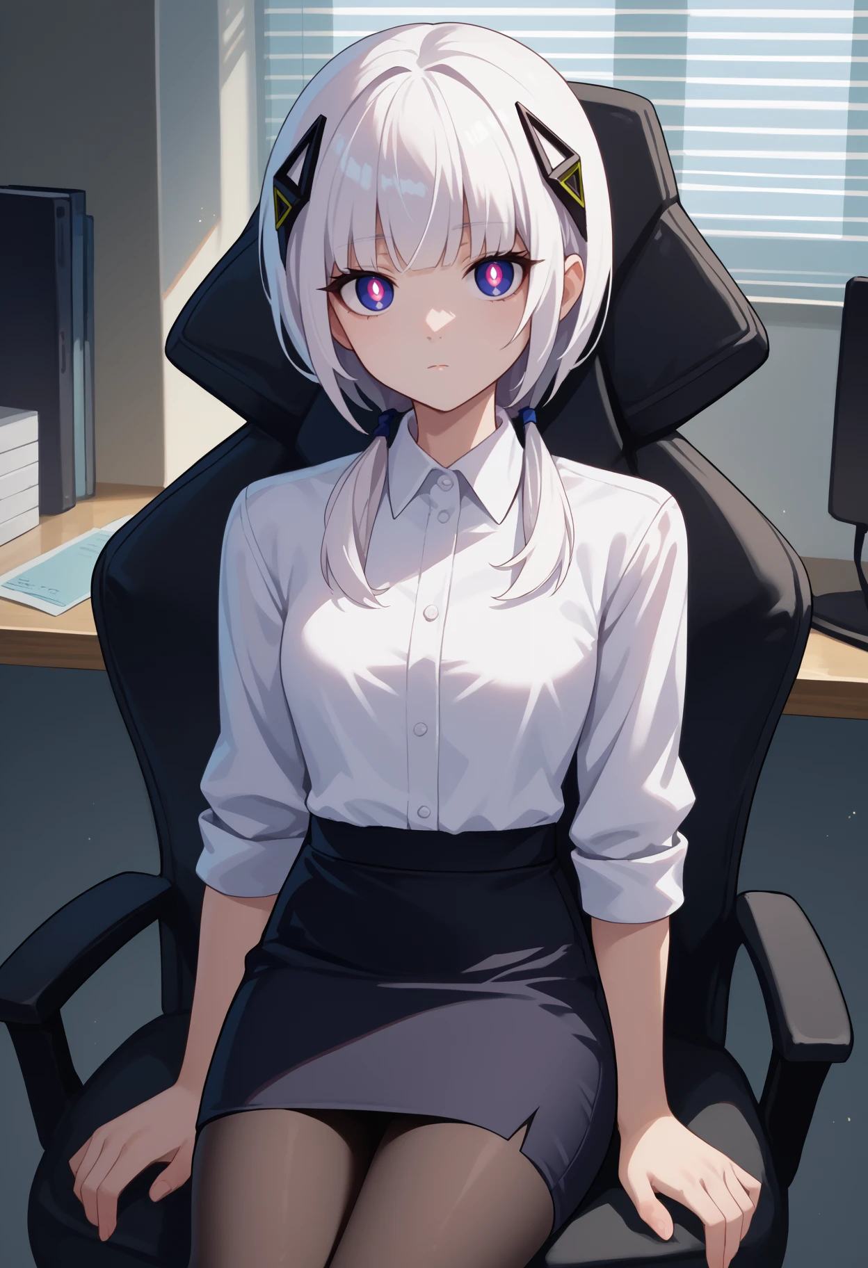 score_9, score_8_up, score_7_up, source_anime, solo, 1girl, k4fu, expressionless, looking at you, sitting, swivel chair, white hair, diamond hair ornament, hair over shoulder, low twintails, multicolored eyes, white pupils, bright pupils, white shirt, collared shirt, black skirt, pencil skirt, black pantyhose, indoors, office
<segment:yolo-face_yolov8m.pt,0.4,0.5//cid=1>