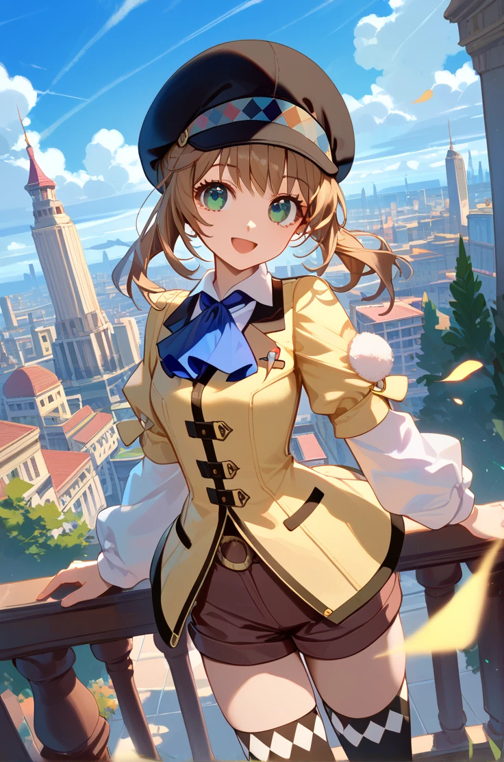 score_9, score_8_up, score_7_up, very aesthetic, source_anime, detailed,
steampunk city, cityscape, 
cowboy shot, dynamic angle
light smile, looking at viewer,  open smile,
1girl, 
<lora:leiax2_autismConfetti_v02:1>leia2base, cabbie hat, black headwear, brown hair, green eyes, brown shorts, short shorts, thighhighs, white long sleeves, blue ascot, pink footwear, yellow short sleeves , yellow shirt,, zPDXL