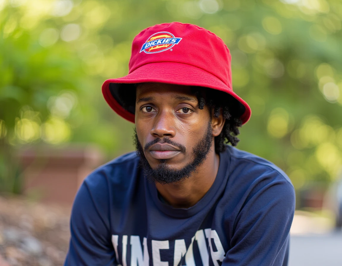 Stoic Gaze in Urban Wear, color digital photograph, man, red bucket hat, text "Dickies", navy shirt, text "UNFAIR", serious expression, shallow depth of field, natural daylight, soft bokeh background, greenery, portrait, street style, fashion, youth culture, outdoor, daytime.