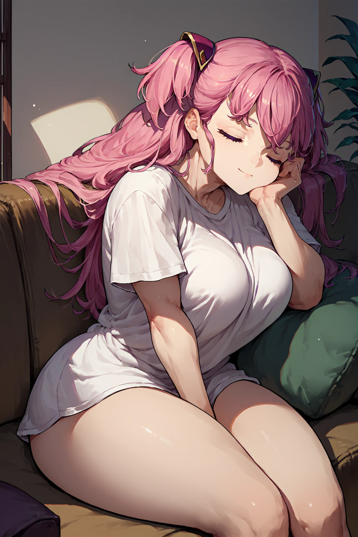 score_9, score_8_up, score_7_up, score_6_up, source_anime, 1girl, solo <lora:charlottescherzen-pdxl-nvwls-v1-000005:1> csch, pink hair, two side up, long hair, purple eyes, large breasts, white t-shirt, no pants, thighs, sitting, couch, sleeping, closed eyes, smile, indoors, head rest